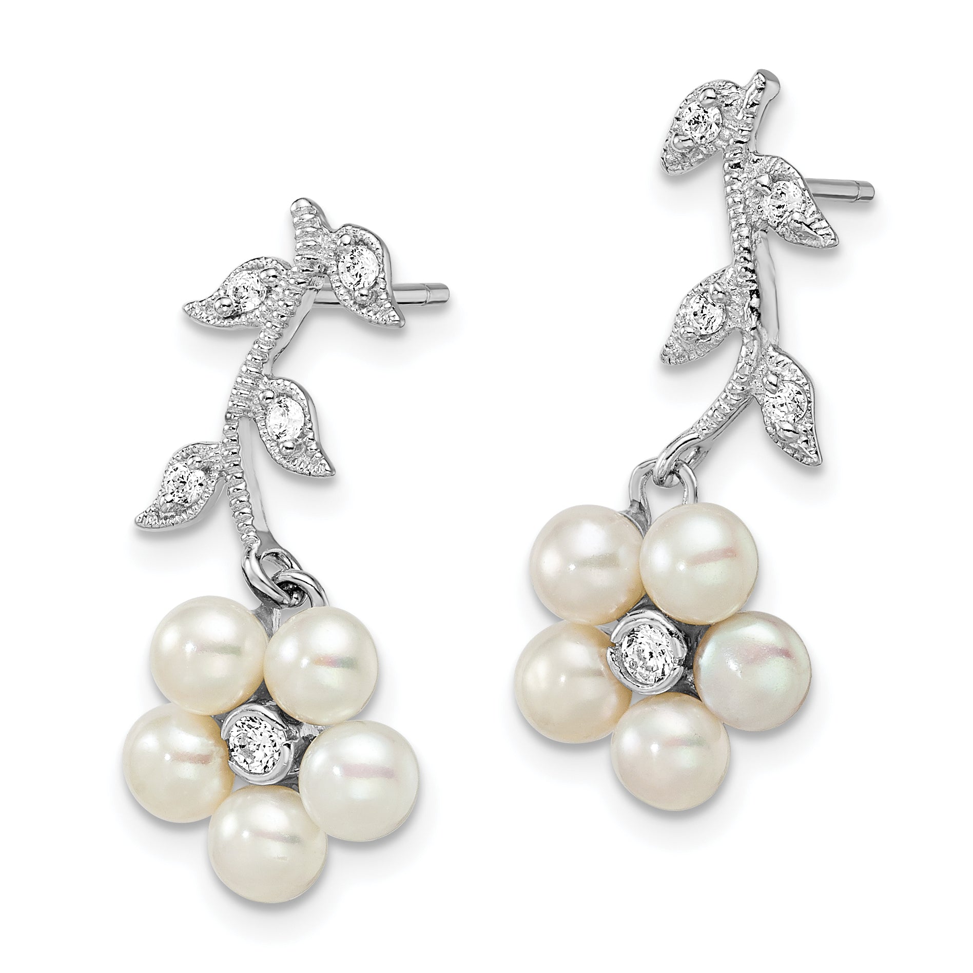 Sterling Silver Rhodium-plated White FWC Pearl CZ Flower Post Earrings Secondary image