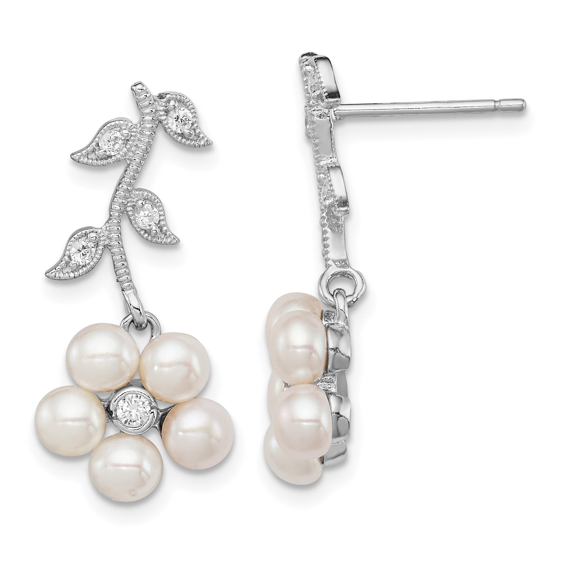 Sterling Silver Rhodium-plated White FWC Pearl CZ Flower Post Earrings Main image