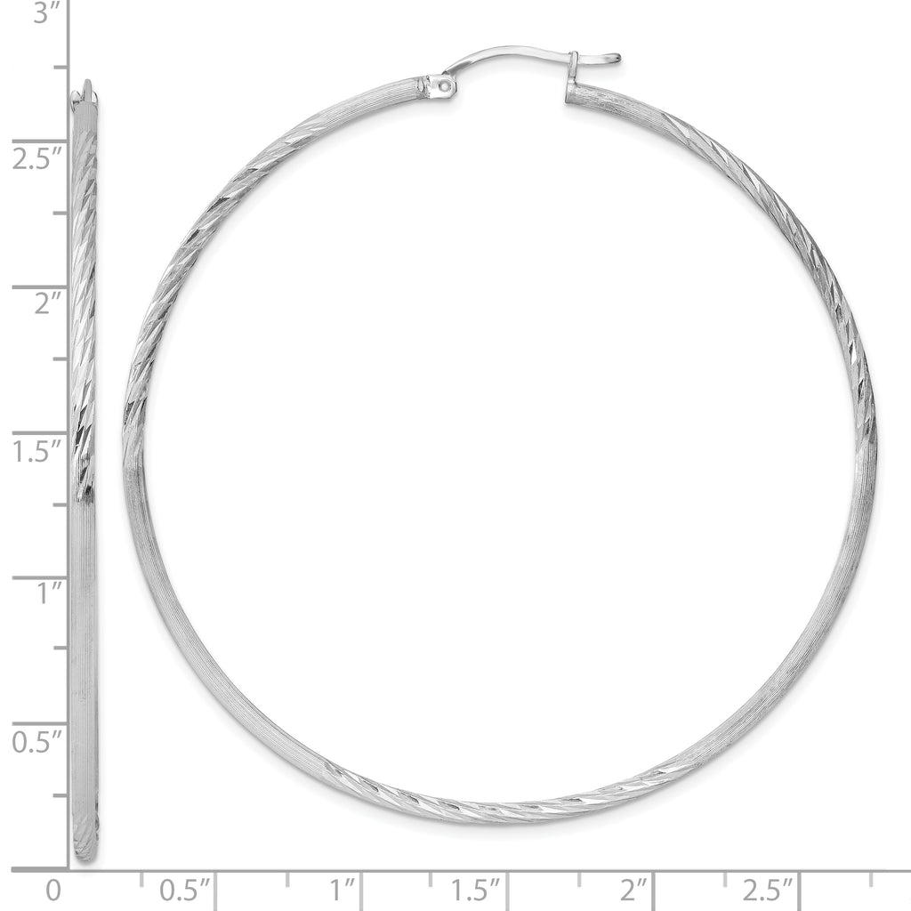 Sterling Silver Rhodium-plated 2mm Polished/Satin Diamond-cut Hoop Earrings