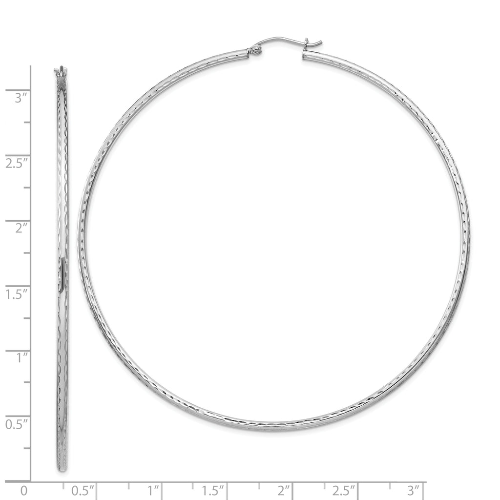 Sterling Silver Rhodium-plated 2mm Diamond Cut Hoop Earrings