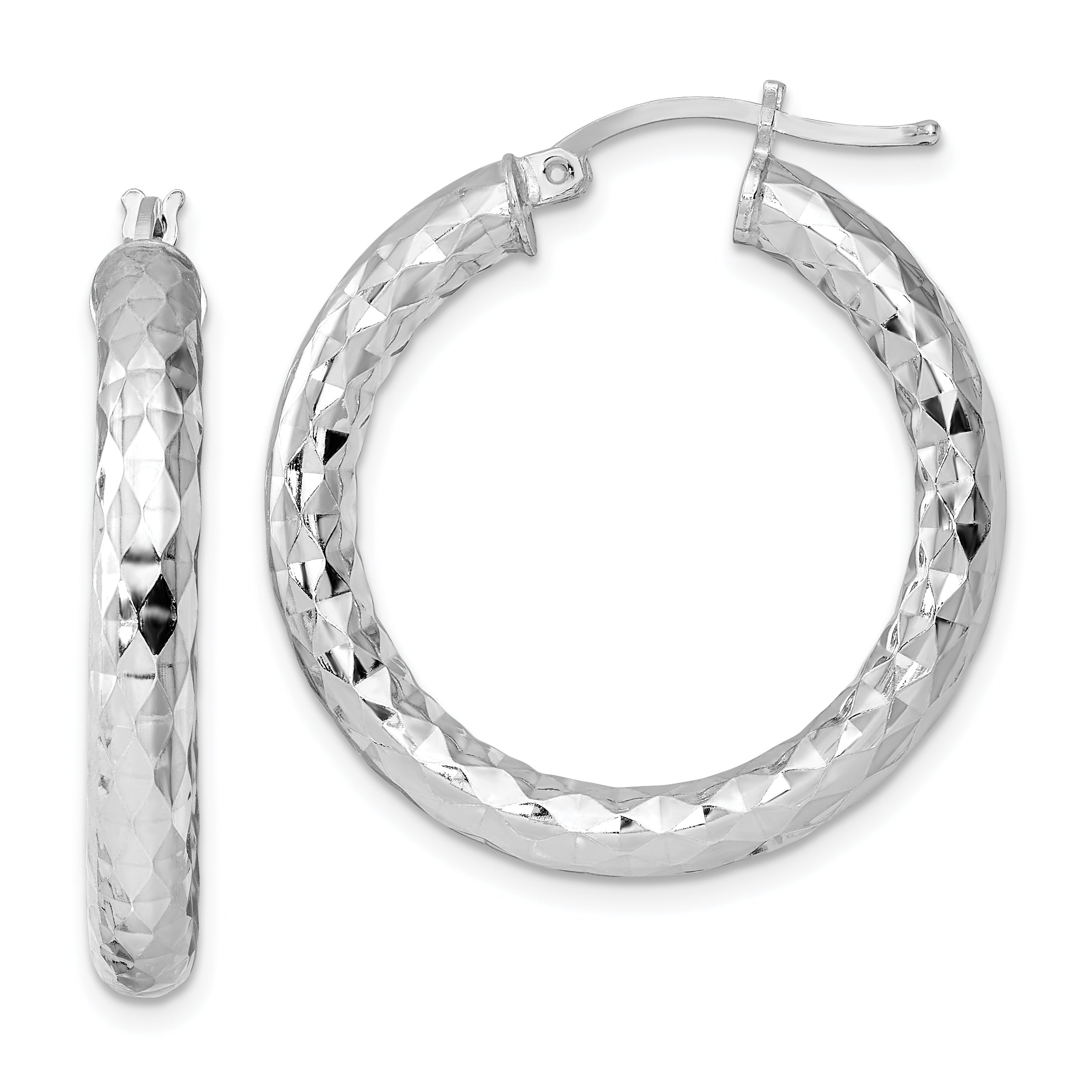 Sterling Silver Rhodium-plated 4.00mm Diamond Cut Hoop Earrings Main image