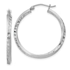 Sterling Silver RH-plated Satin Diamond-cut 2.5x30mm Twisted Hoop Earrings