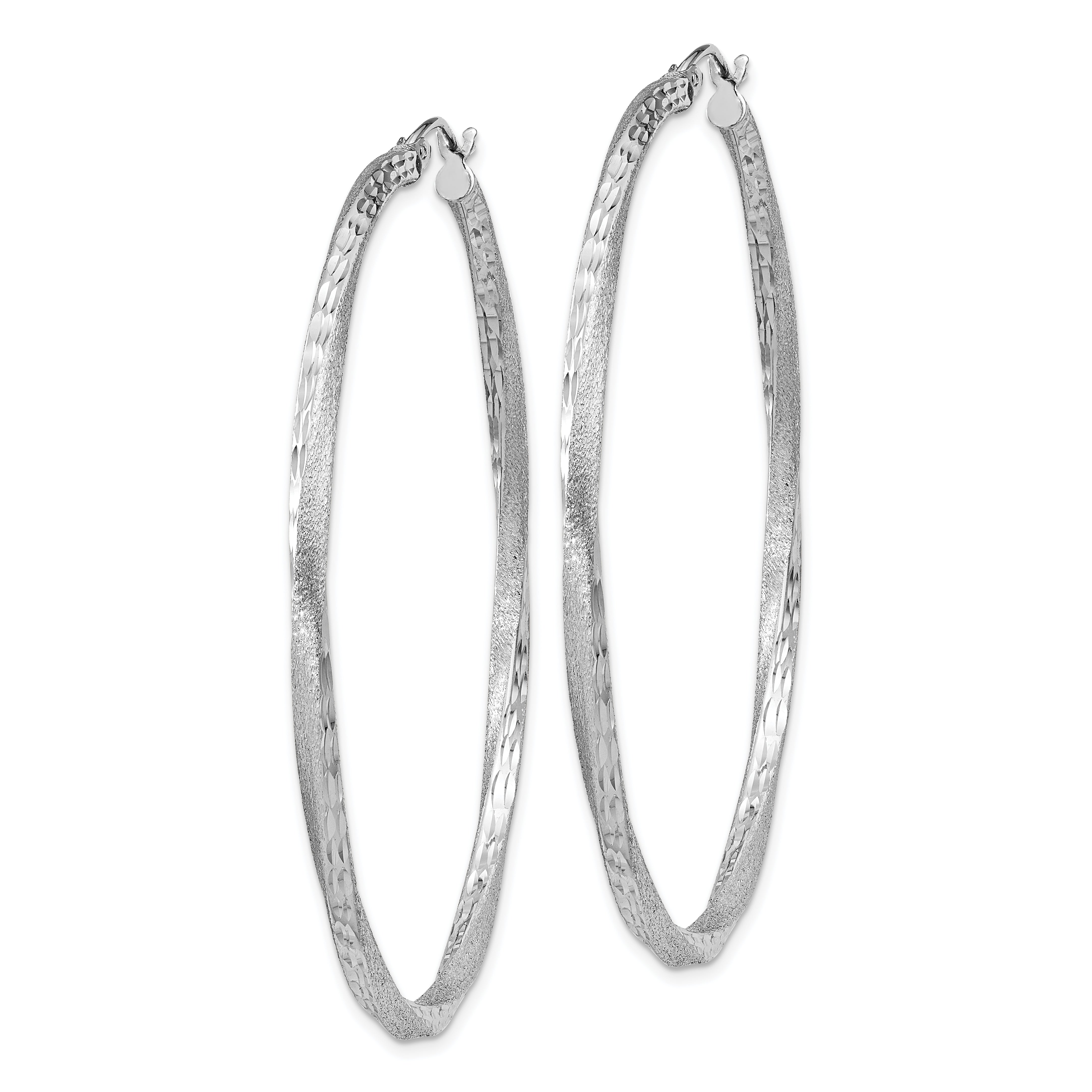 Sterling Silver RH-plated Satin Diamond-cut 2.5x55mm Twisted Hoop Earrings