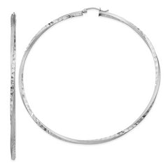 Sterling Silver RH-plated Satin Diamond-cut 2.5x80mm Twisted Hoop Earrings