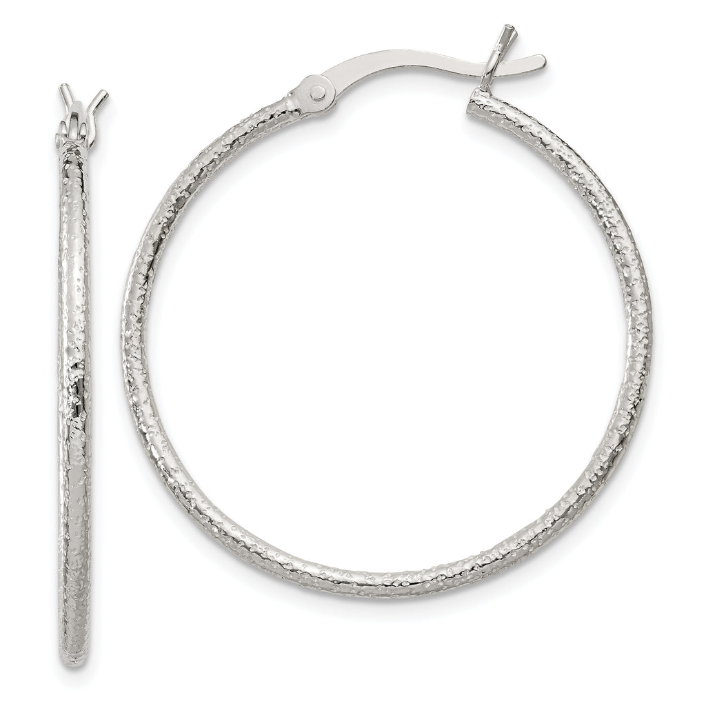 Sterling Silver Textured 2x30mm Hoop Earrings