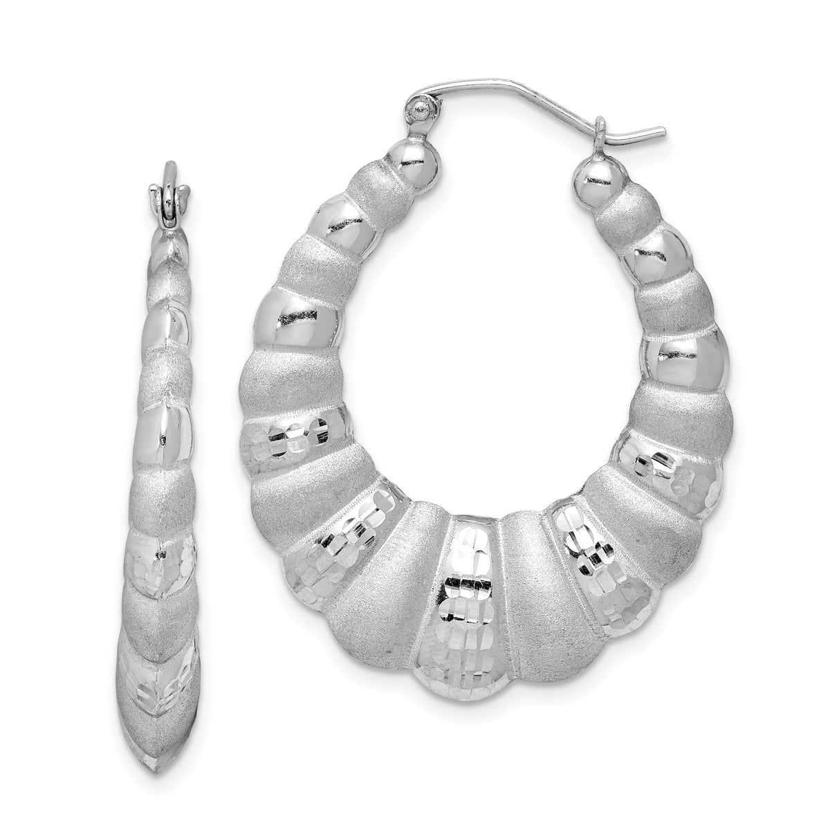Sterling Silver Rhodium-plated Satin & D/C Shrimp Oval Hoop Earrings