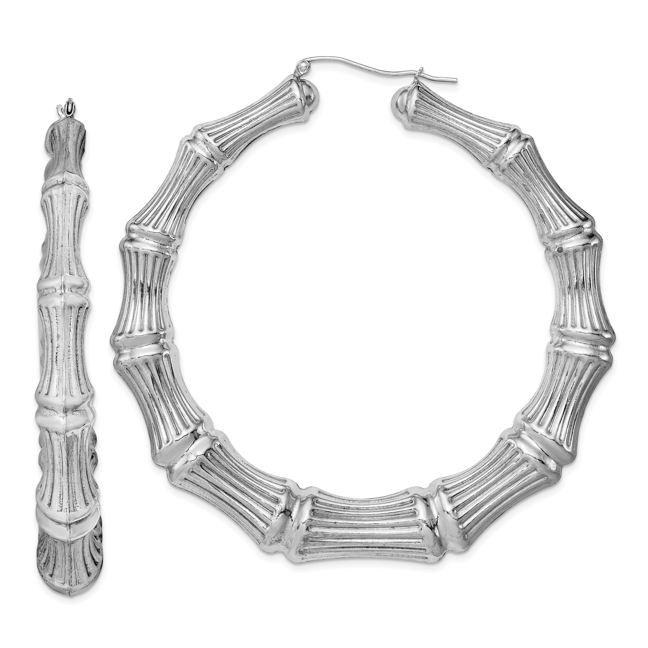 Sterling Silver Rhodium-plated Bamboo Round Hoop Earrings