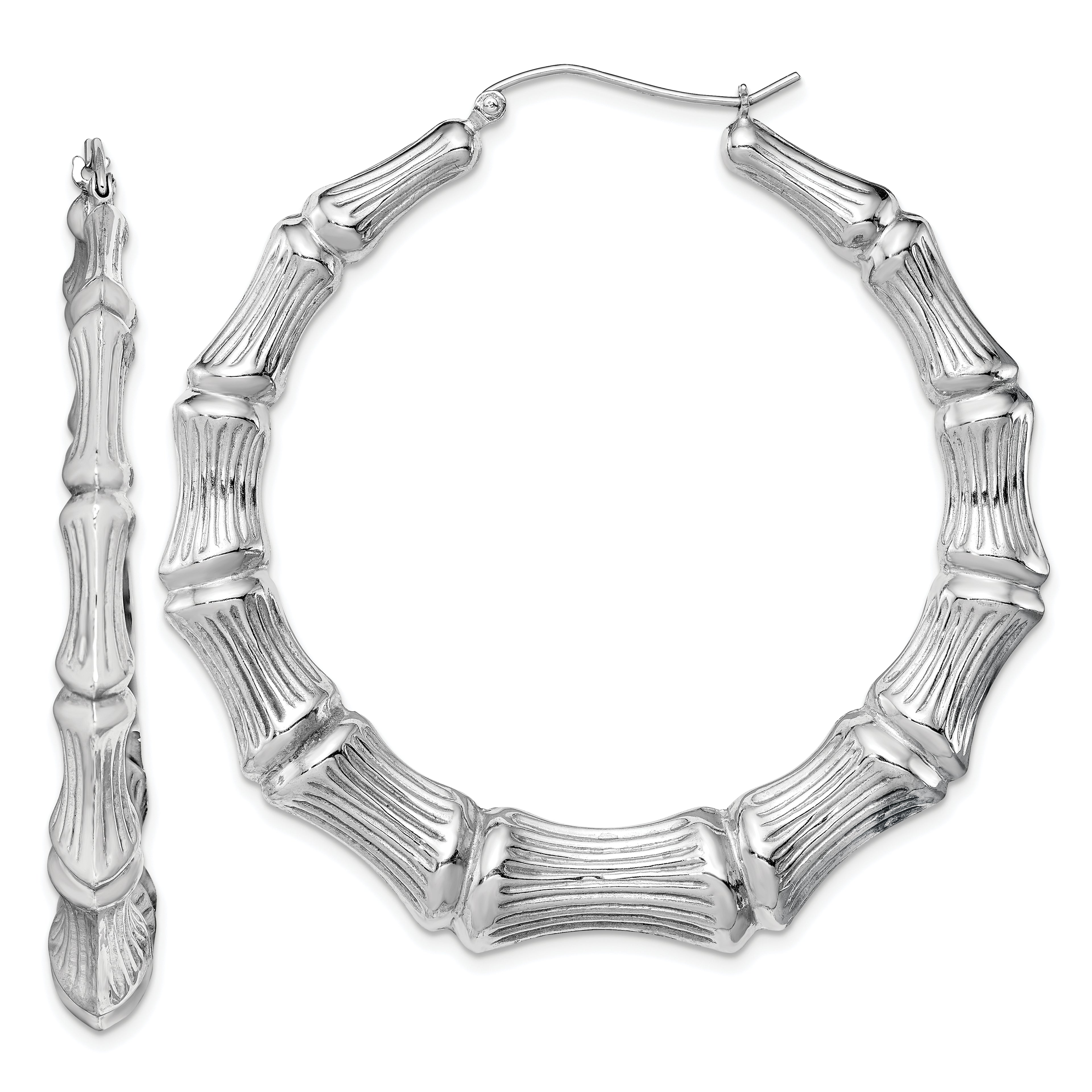 Sterling Silver Rhodium-plated Bamboo Round Hoop Earrings