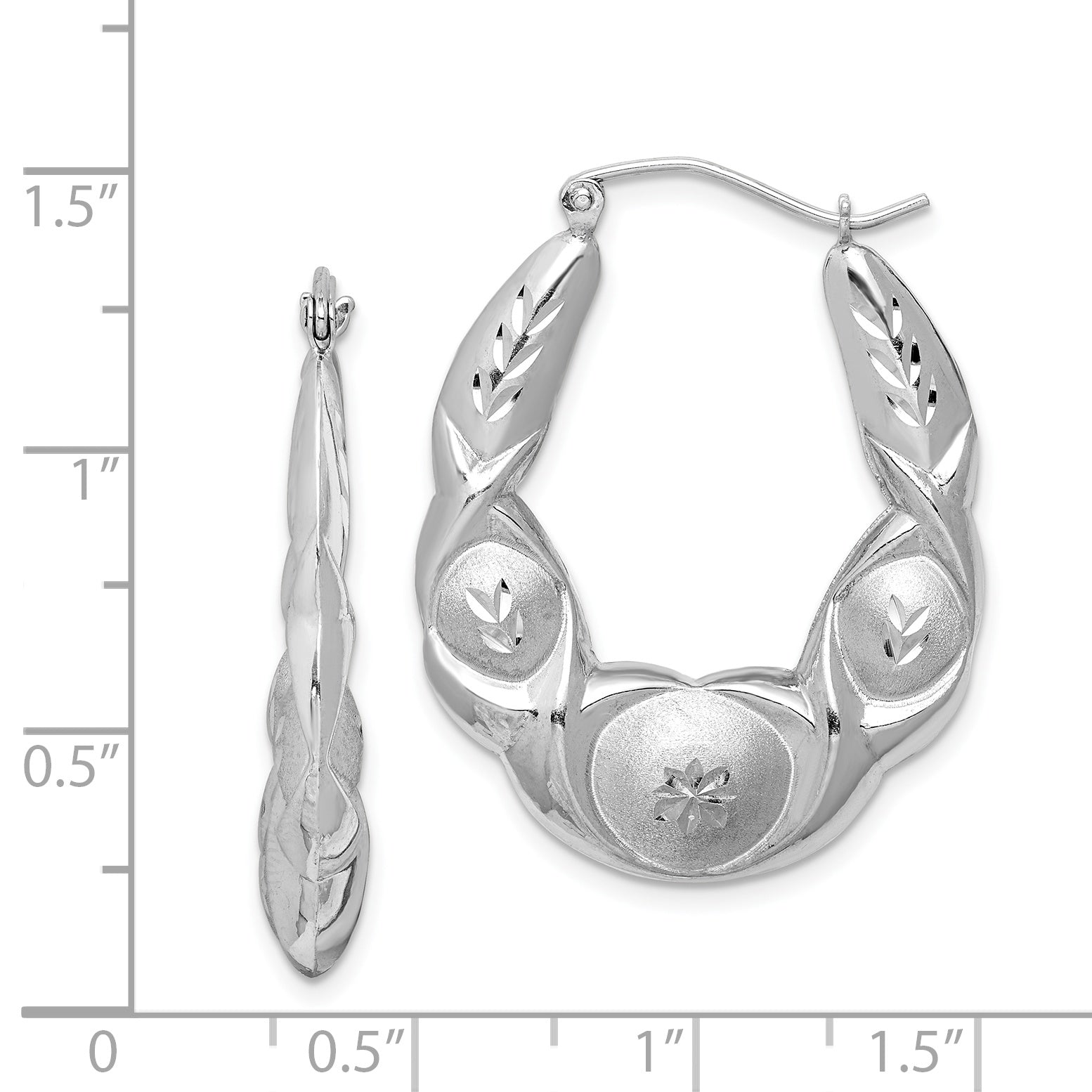 Sterling Silver Rhod-plated Satin & D/C Scalloped Oval Hoop Earrings