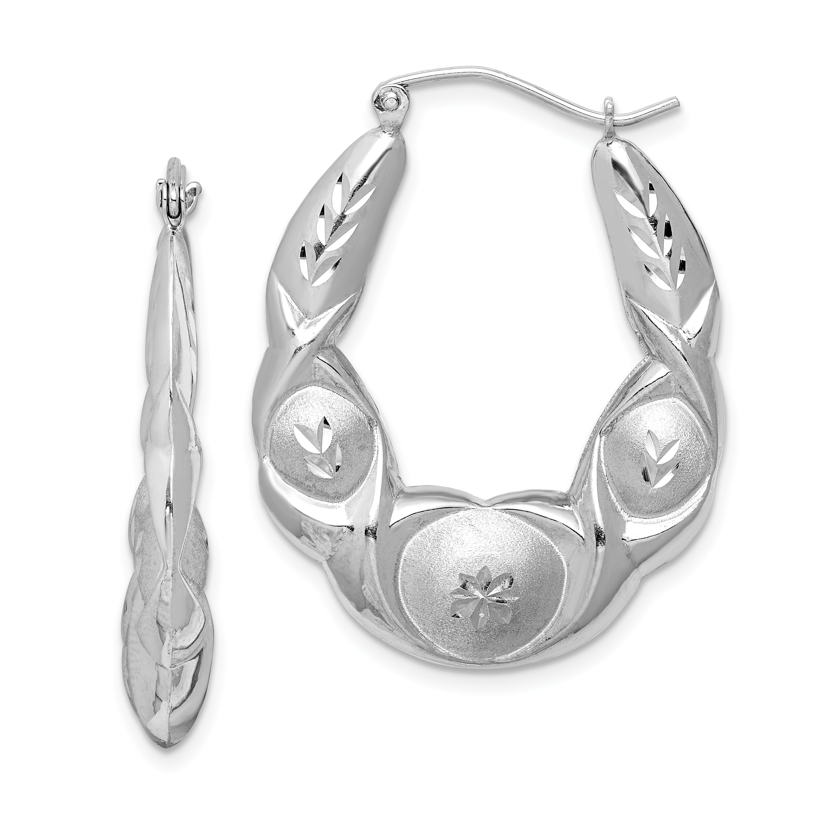 Sterling Silver Rhod-plated Satin & D/C Scalloped Oval Hoop Earrings Main image