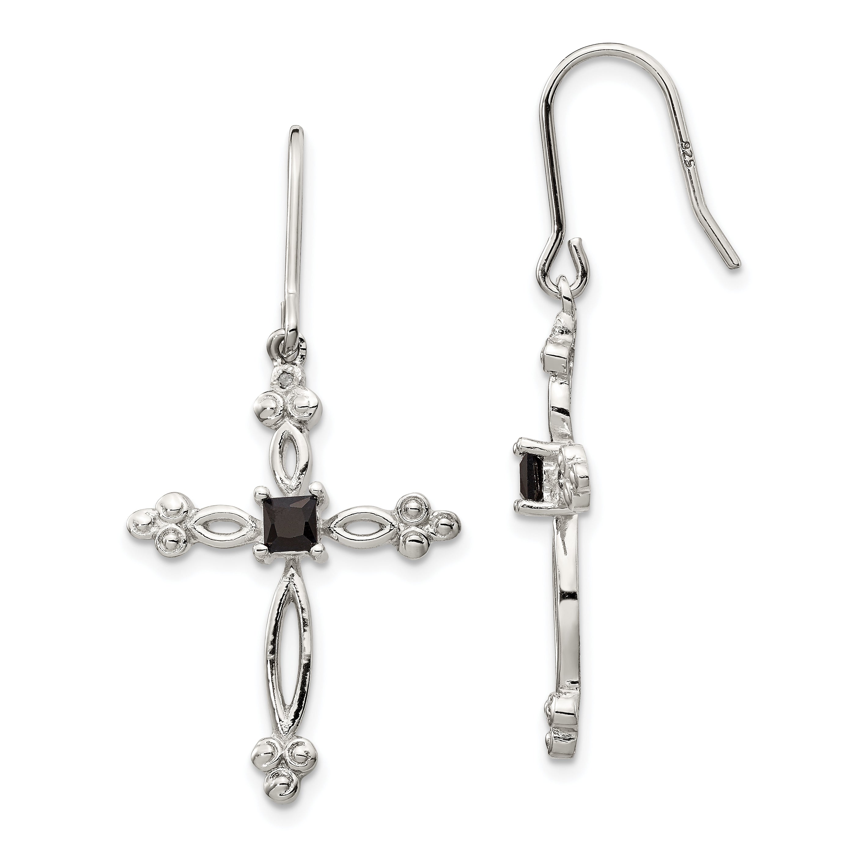 Sterling Silver Rhodium-plated Polished Diamond Accent & Black CZ Budded Cross Dangle Earrings Main image