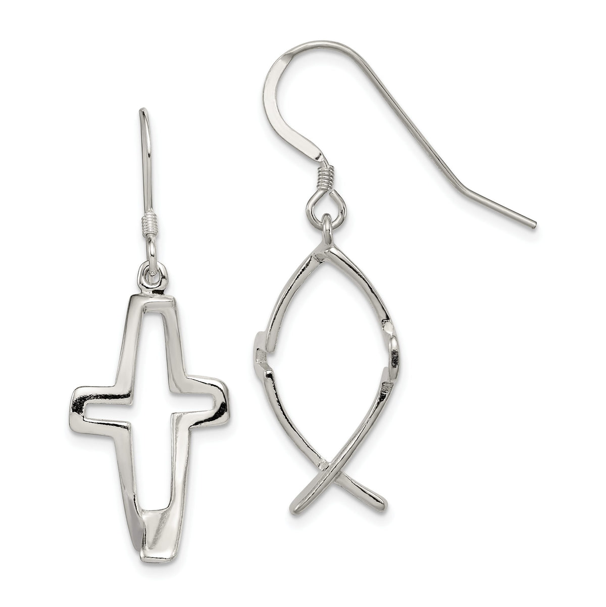 Cross Ichthus Dangle Earrings in Sterling Silver - Sophia Jewelers Main image