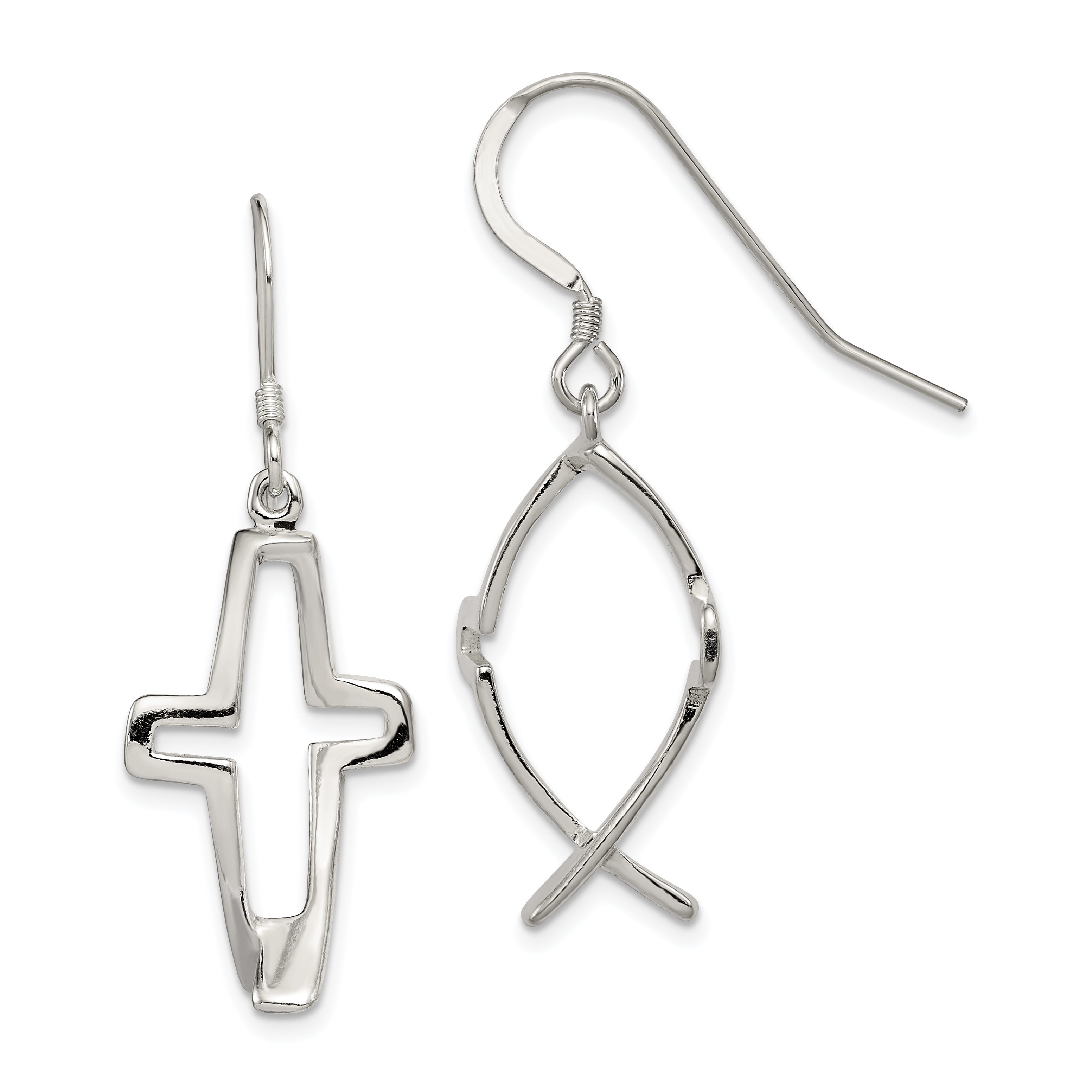 Sterling Silver Polished Cross Ichthus Dangle Earrings Main image
