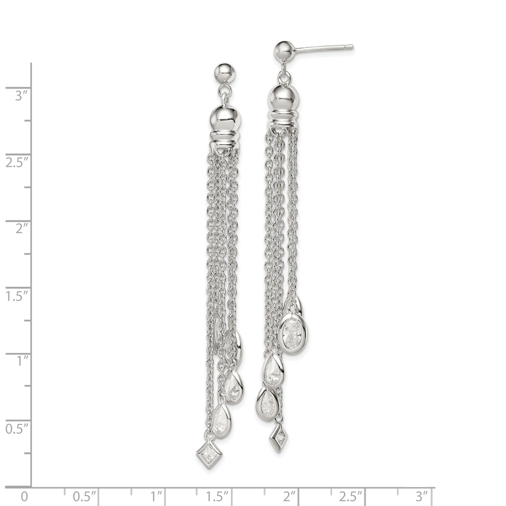 Sterling Silver RH-plated Polished CZ & Multi-Chain Post Dangle Earrings