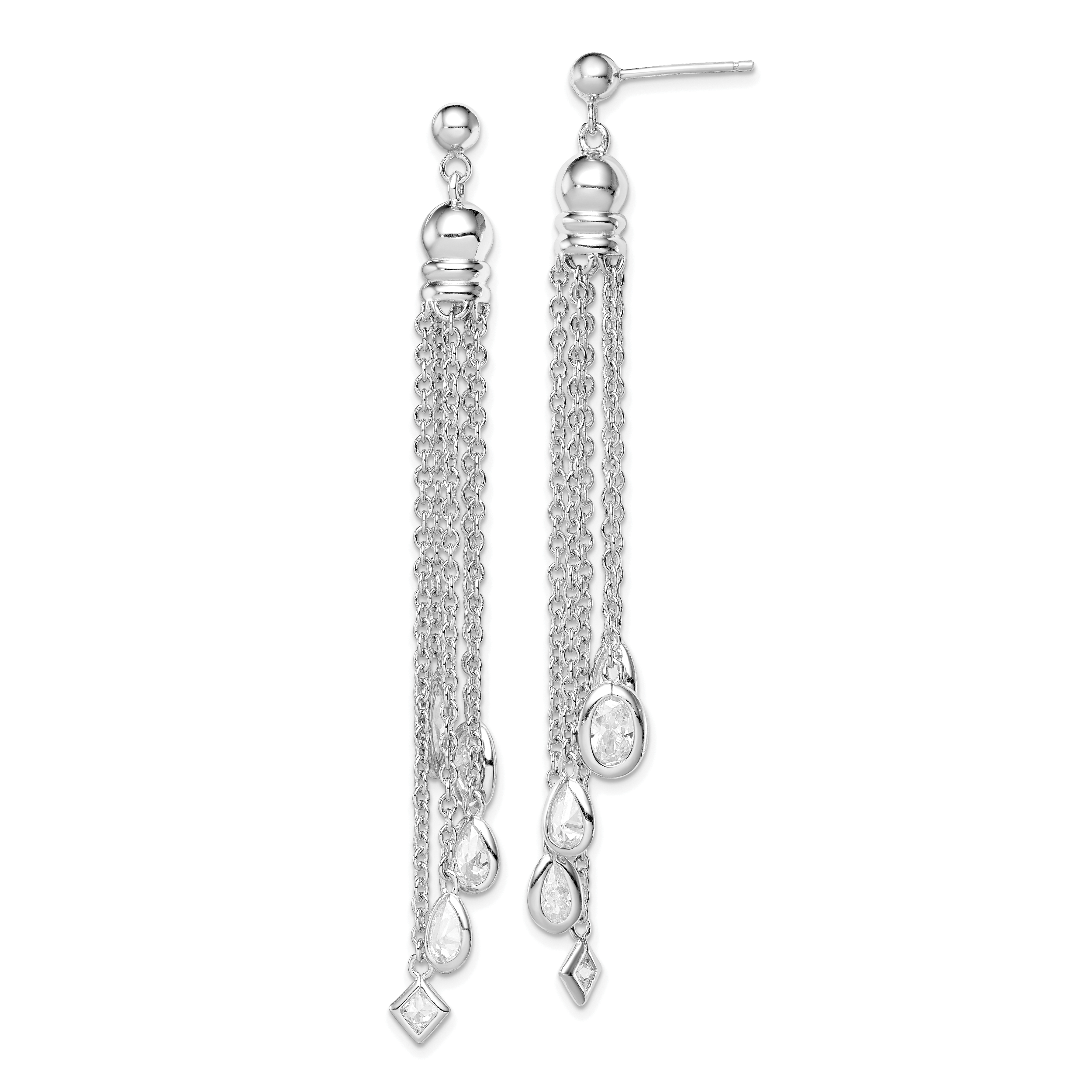Sterling Silver RH-plated Polished CZ & Multi-Chain Post Dangle Earrings Main image