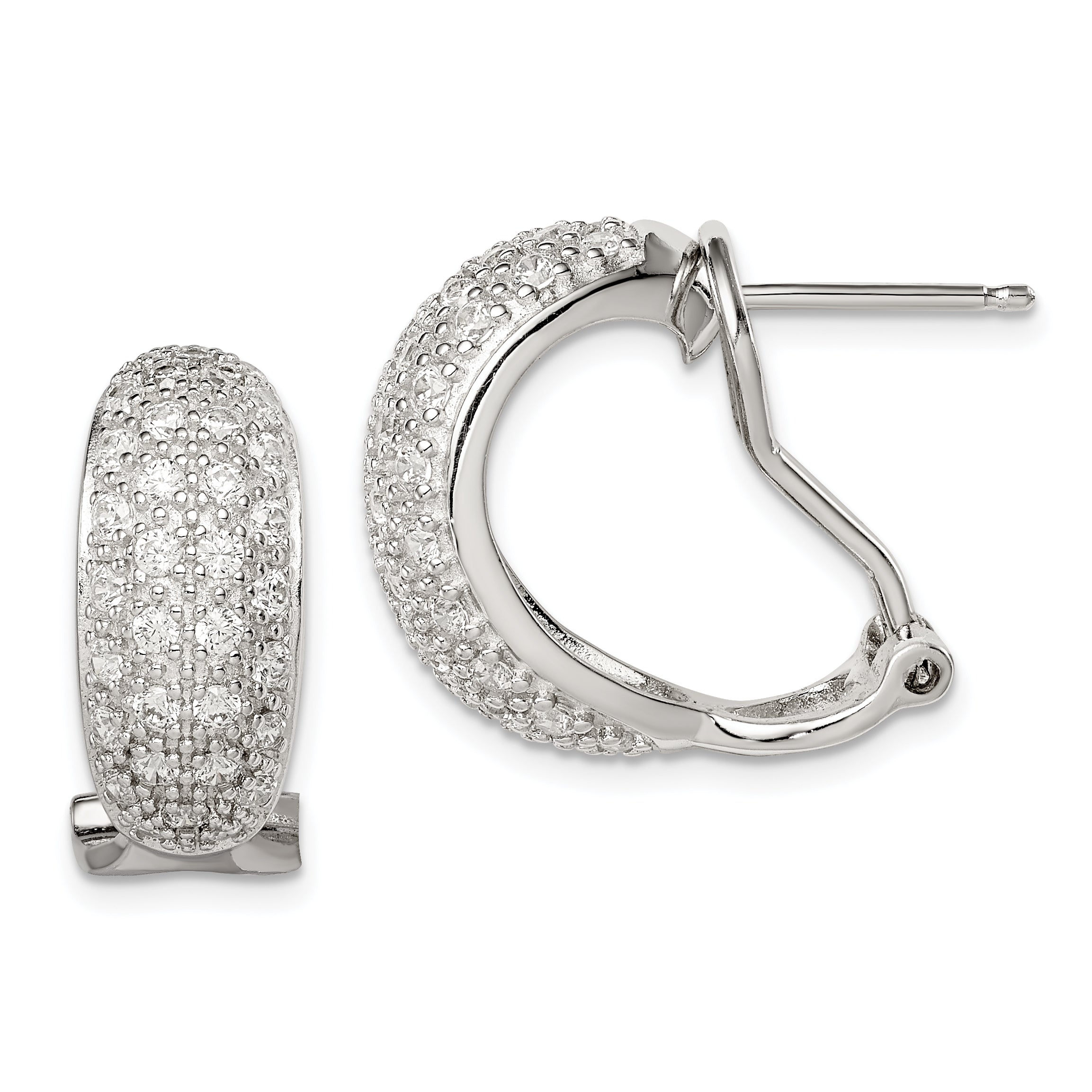 Sterling Silver Rhodium-plated Polished CZ Omega Back C-Hoop Earrings
