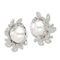 Sterling Silver Polished & Textured Fancy Imitation Pearl & CZ Leaf Non Pierced Earrings