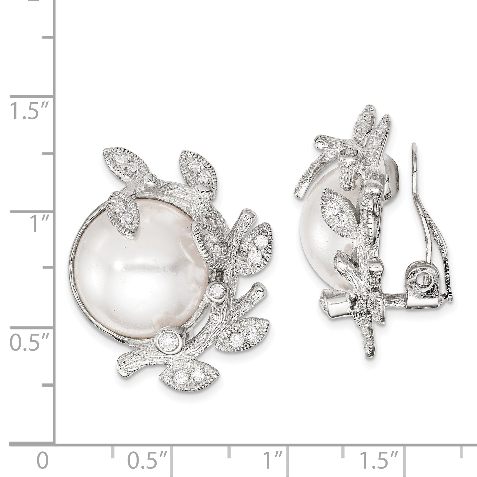 Sterling Silver Polished & Textured Fancy Imitation Pearl & CZ Leaf Non Pierced Earrings