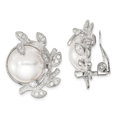 Sterling Silver Polished & Textured Fancy Imitation Pearl & CZ Leaf Non Pierced Earrings