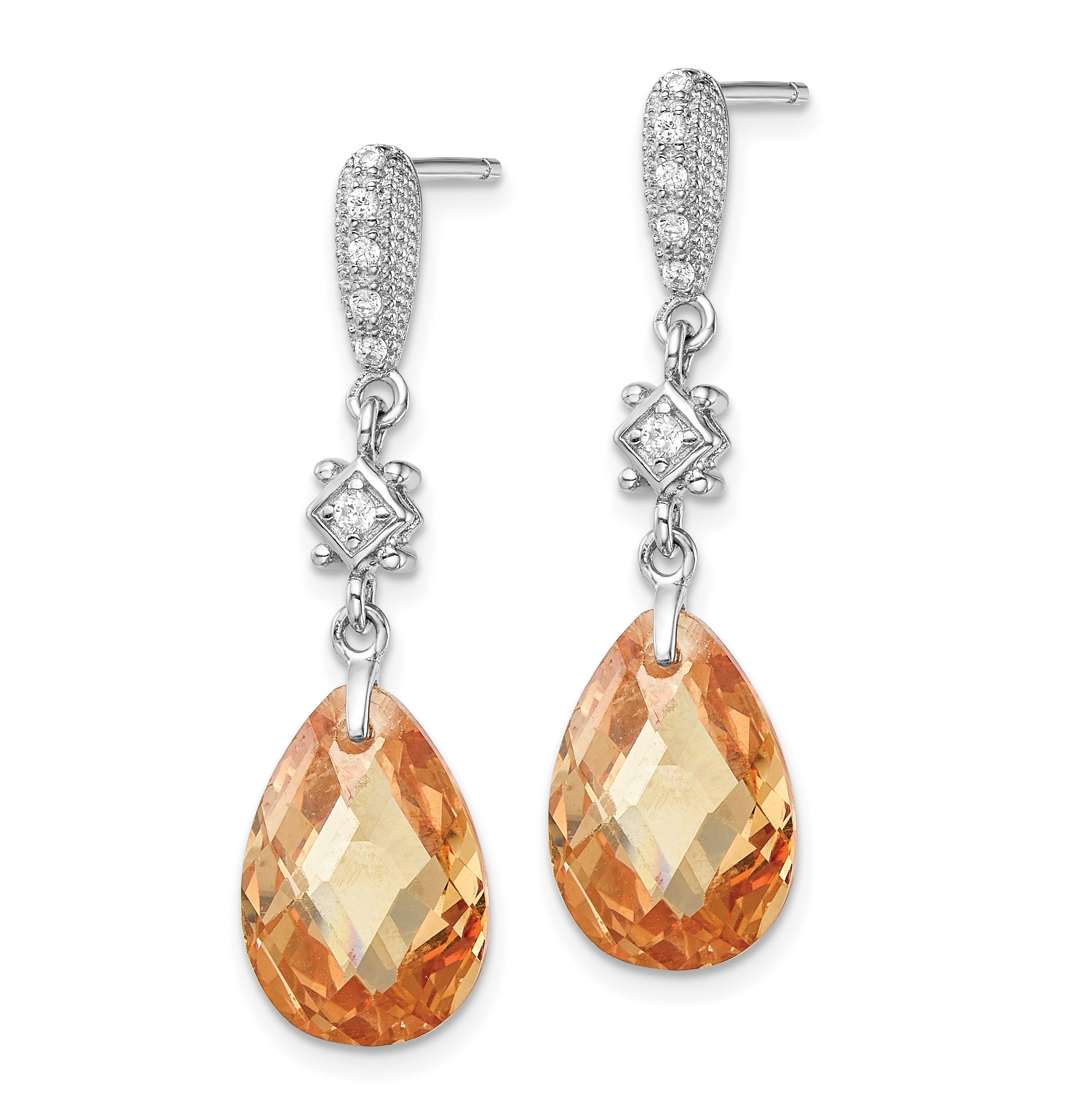 Sterling Silver Rhodium-plated Polished & Textured Champagne & White CZ Teardrop Post Dangle Earrings Secondary image