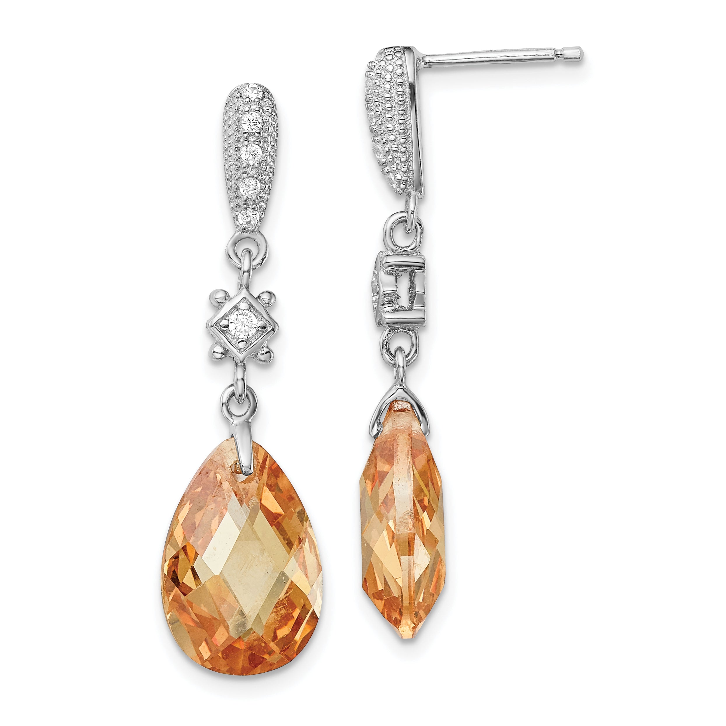 Sterling Silver Rhodium-plated Polished & Textured Champagne & White CZ Teardrop Post Dangle Earrings Main image