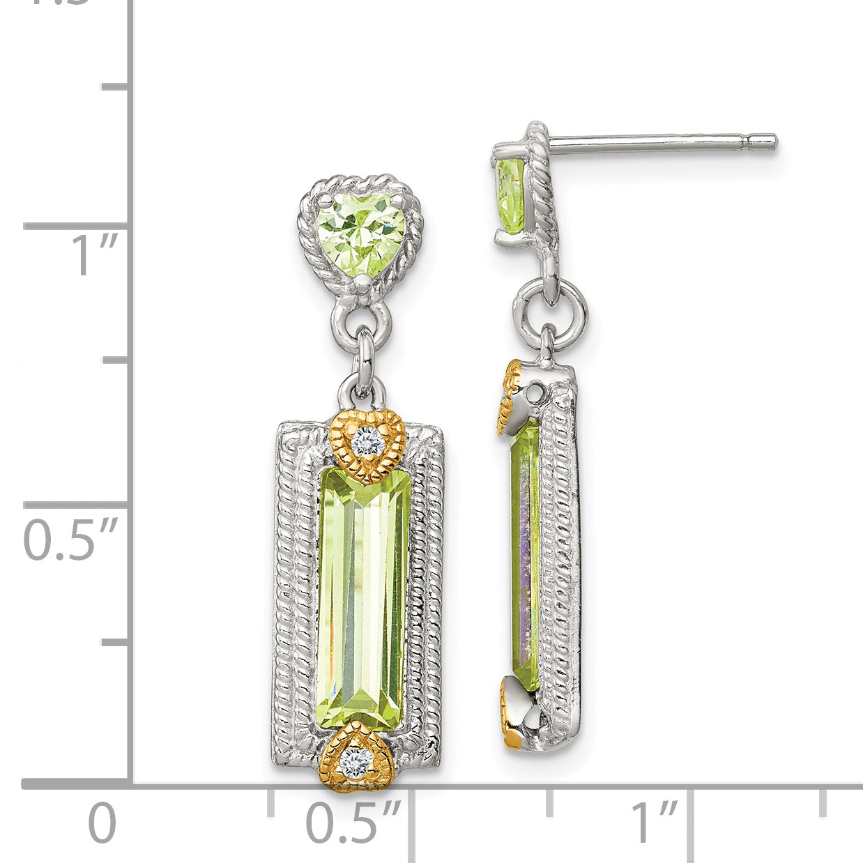 Sterling Silver w/ Gold-tone Vermeil Polished & Textured Light Green CZ Hearts Post Dangle Earrings