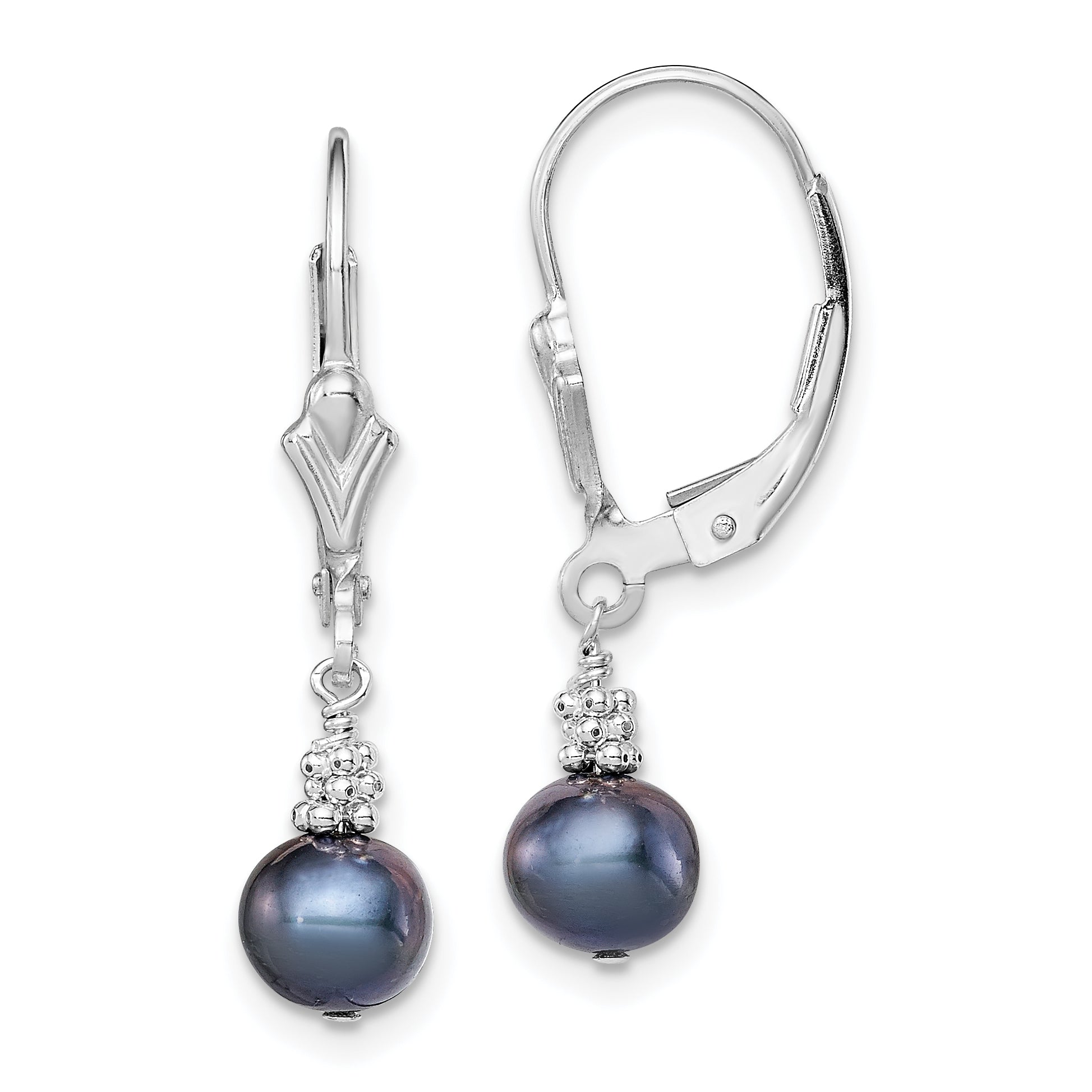 Sterling Silver Rhodium-plated Polished & Beaded 6-7mm Black Freshwater Cultured Pearl Leverback Dangle Earrings Main image