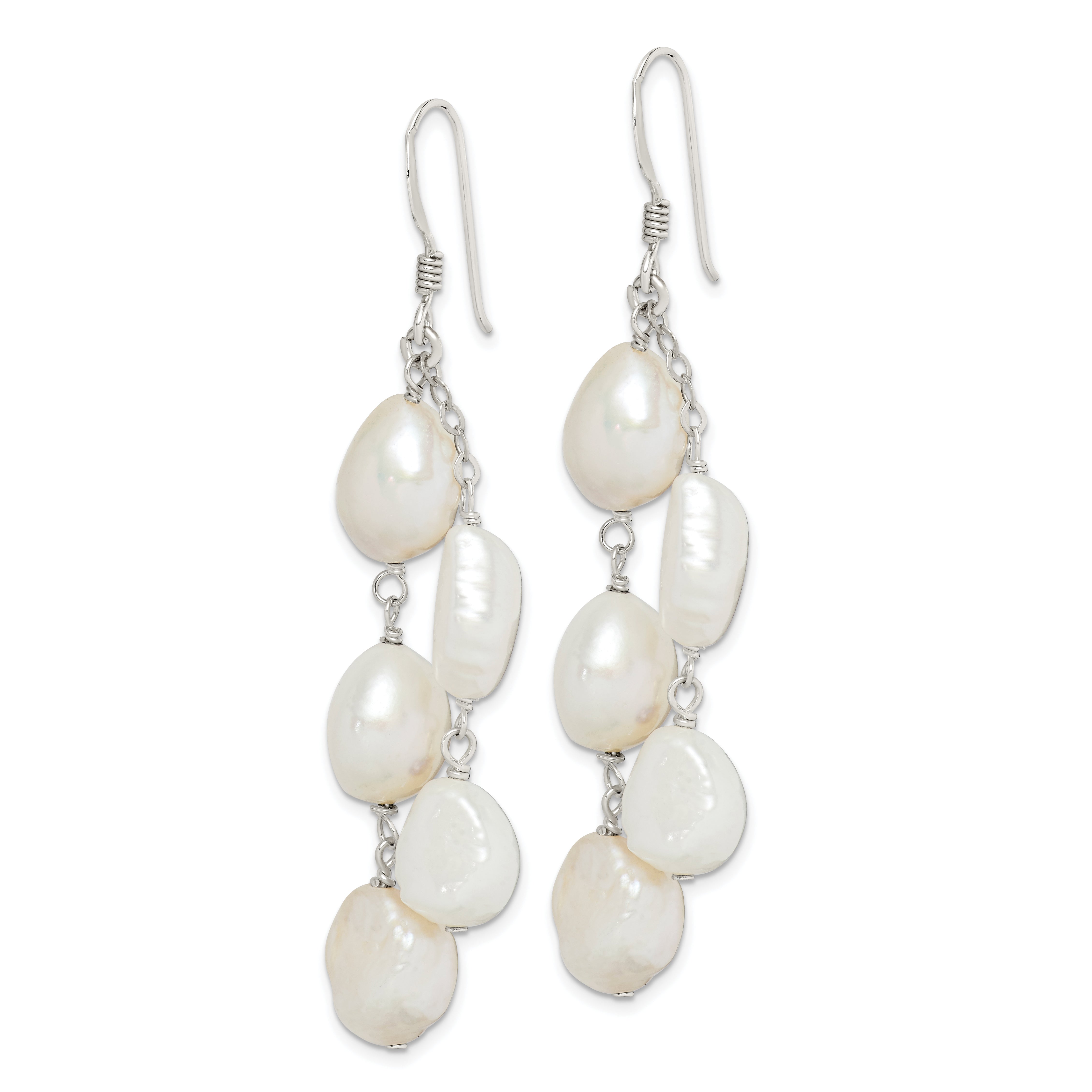 Sterling Silver Polished White 8-10mm Baroque Freshwater Cultured Pearl Two-Strand Dangle Earrings Secondary image