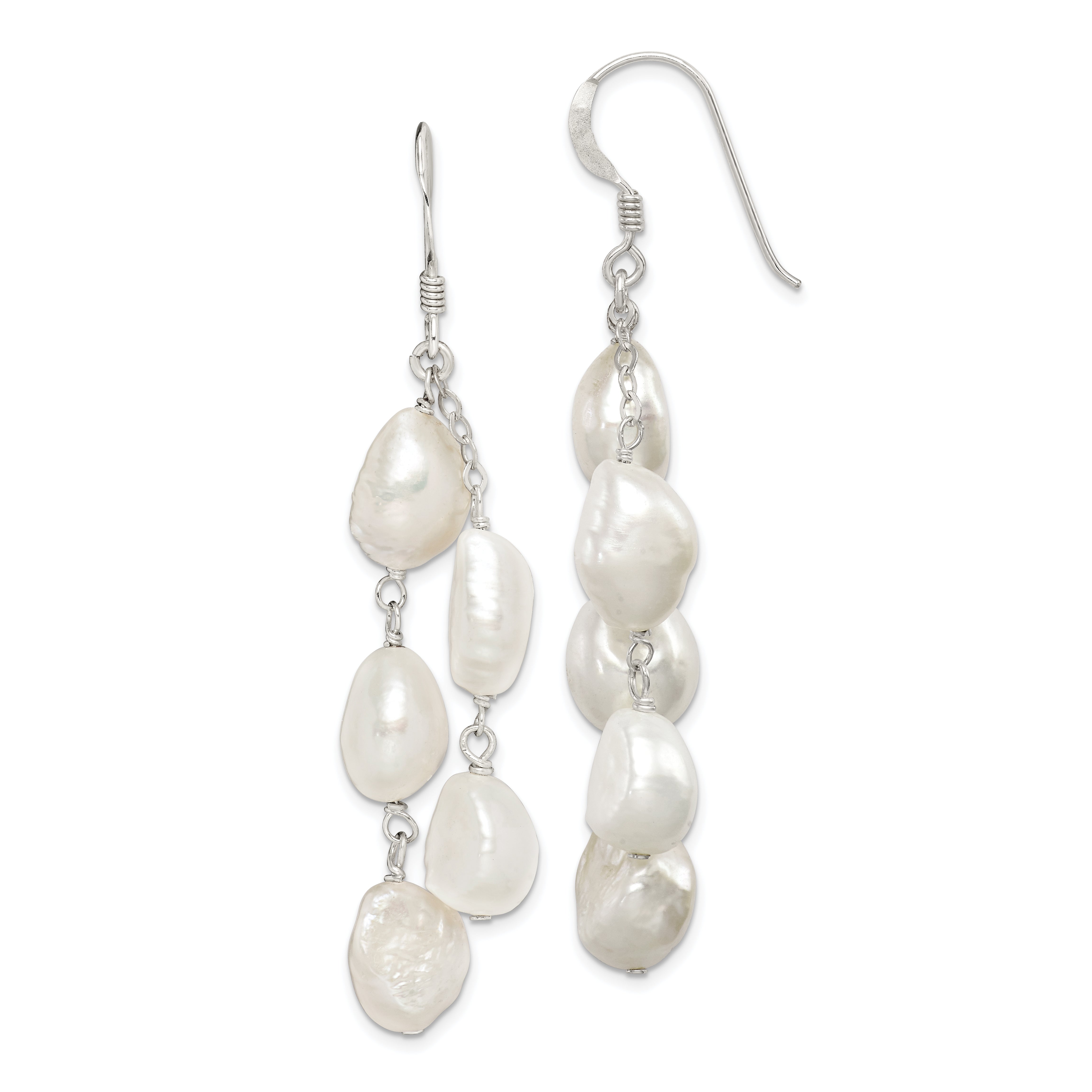 Sterling Silver Polished White 8-10mm Baroque Freshwater Cultured Pearl Two-Strand Dangle Earrings Main image
