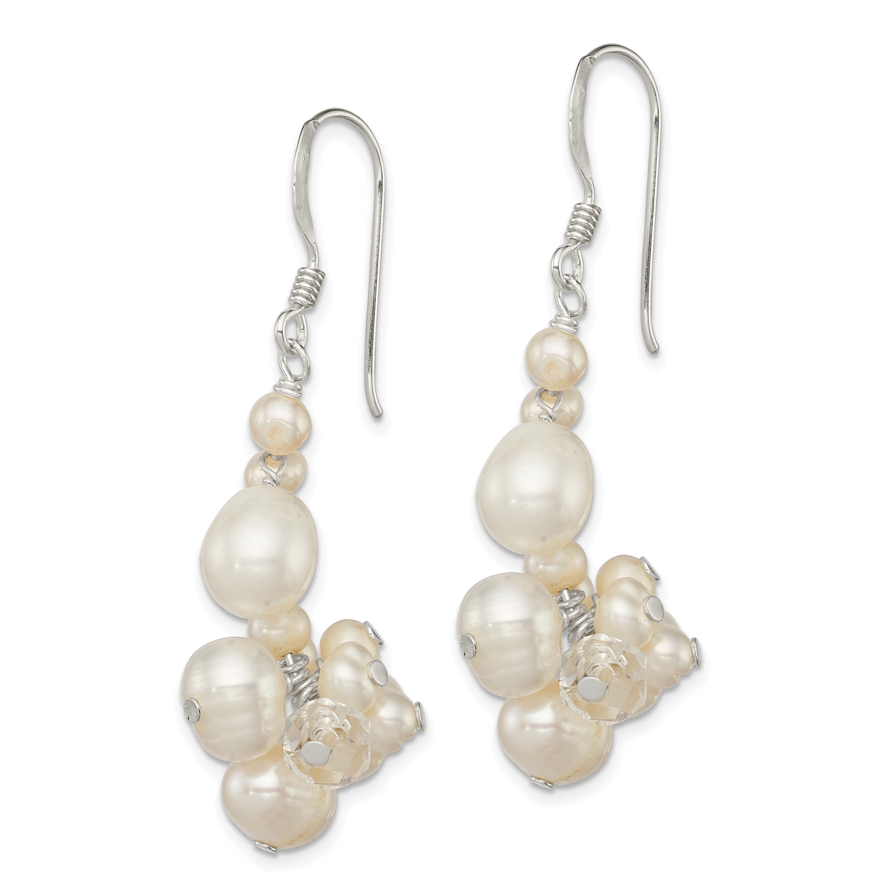 Sterling Silver Polished White Freshwater Cultured Pearl & Crystal Cluster Dangle Earrings Secondary image