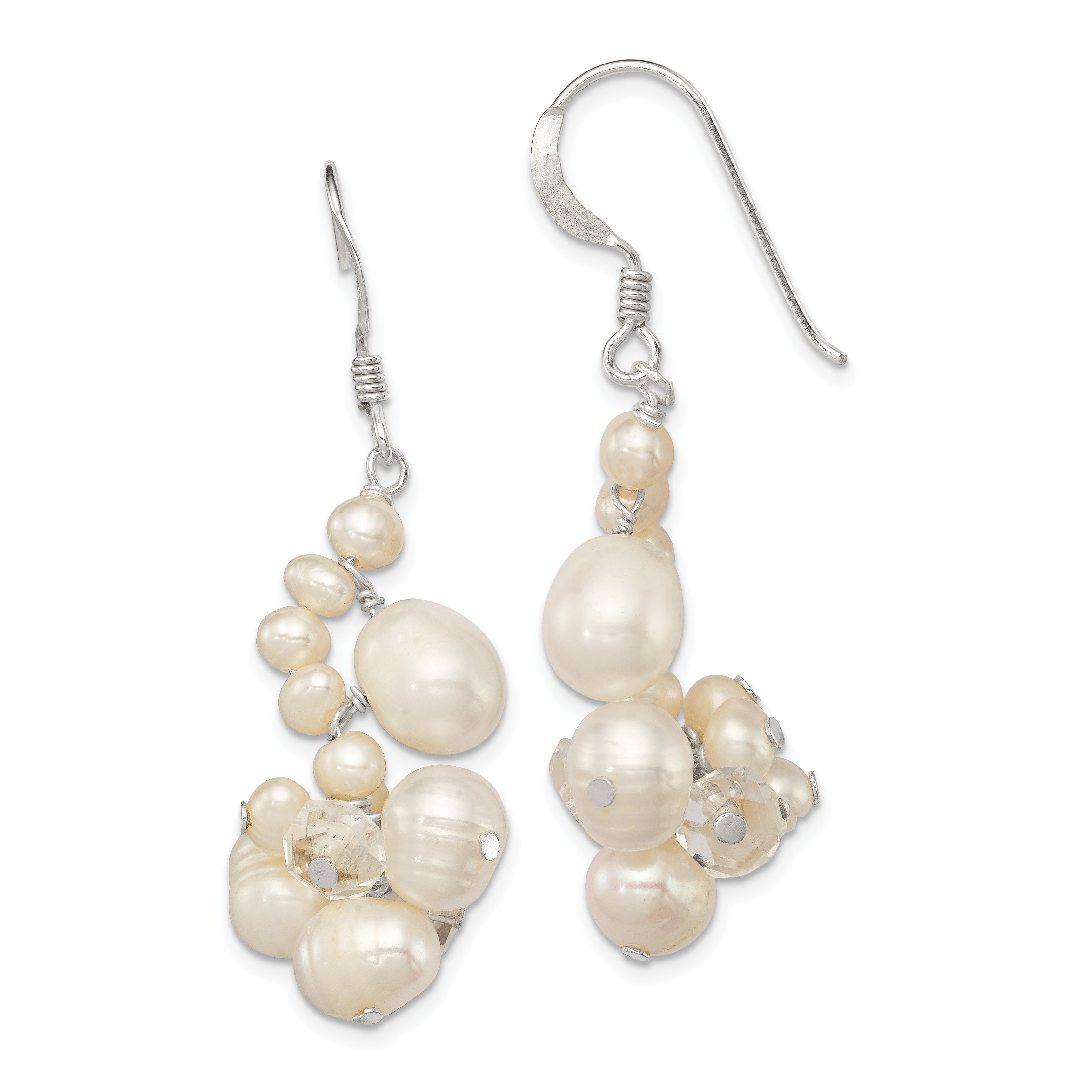 Sterling Silver Polished White Freshwater Cultured Pearl & Crystal Cluster Dangle Earrings Main image