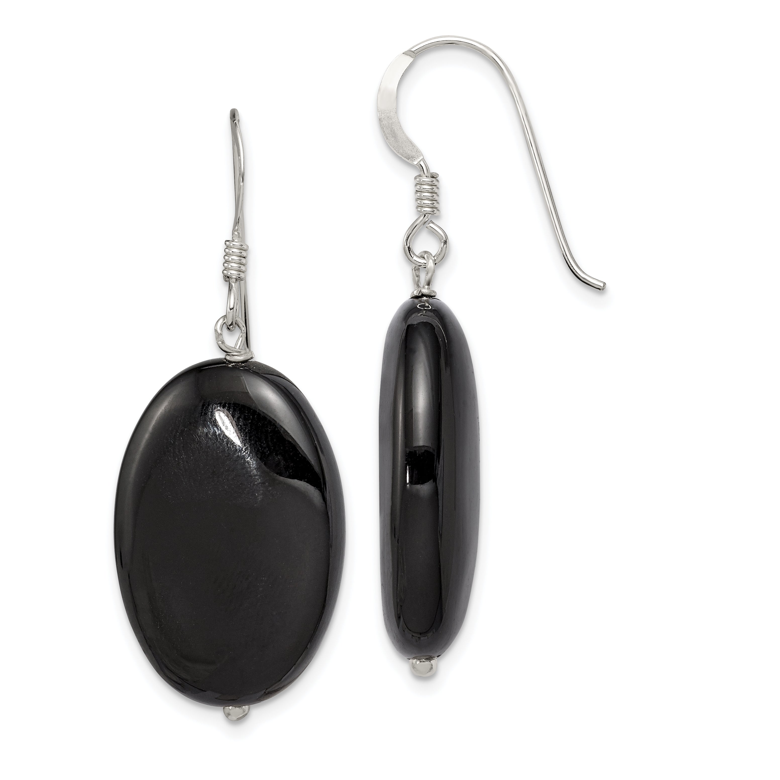 Sterling Silver Polished Black Agate Oval Dangle Earrings Main image