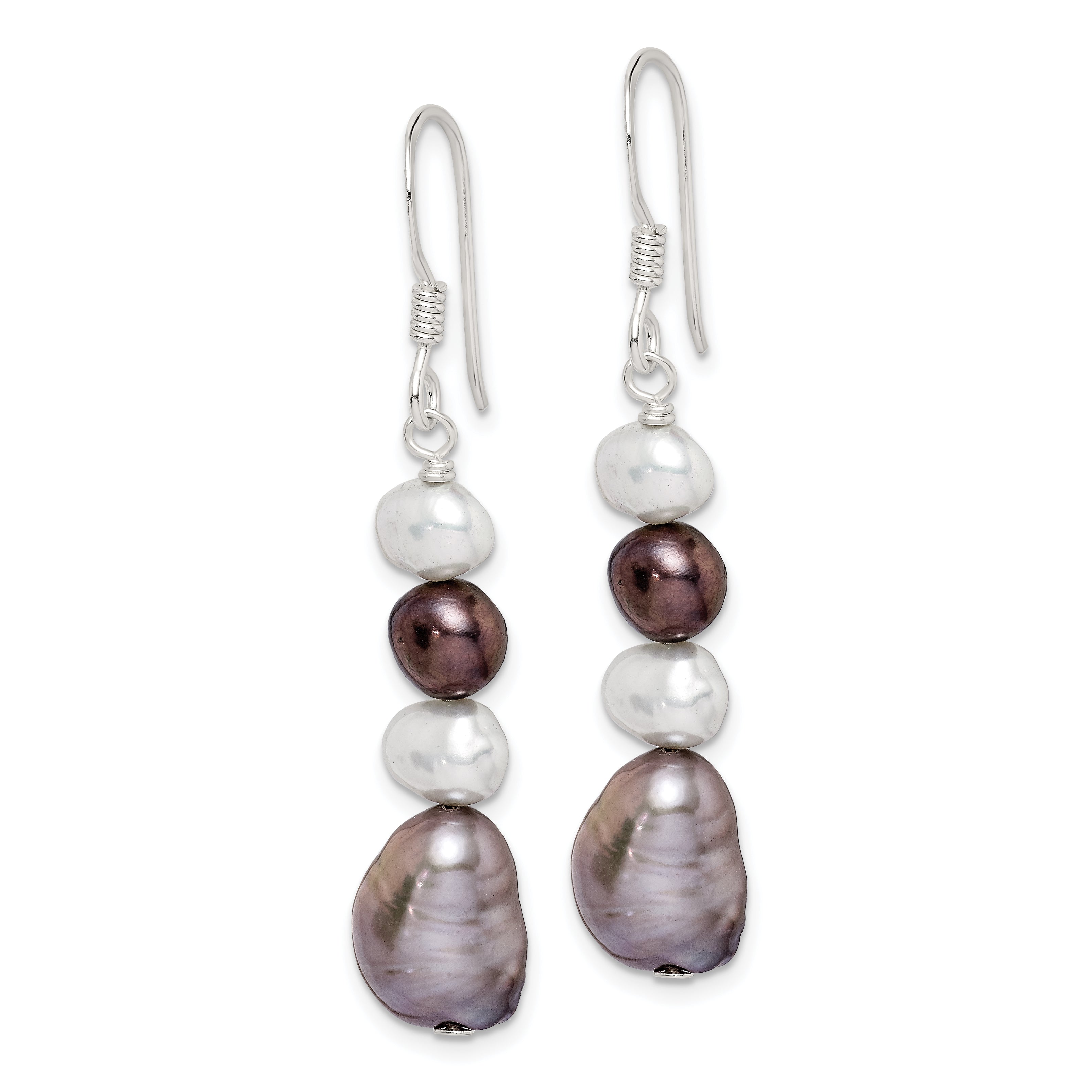 Sterling Silver Polished Black, White and Grey 6-9mm Freshwater Cultured Pearl Dangle Earrings Secondary image
