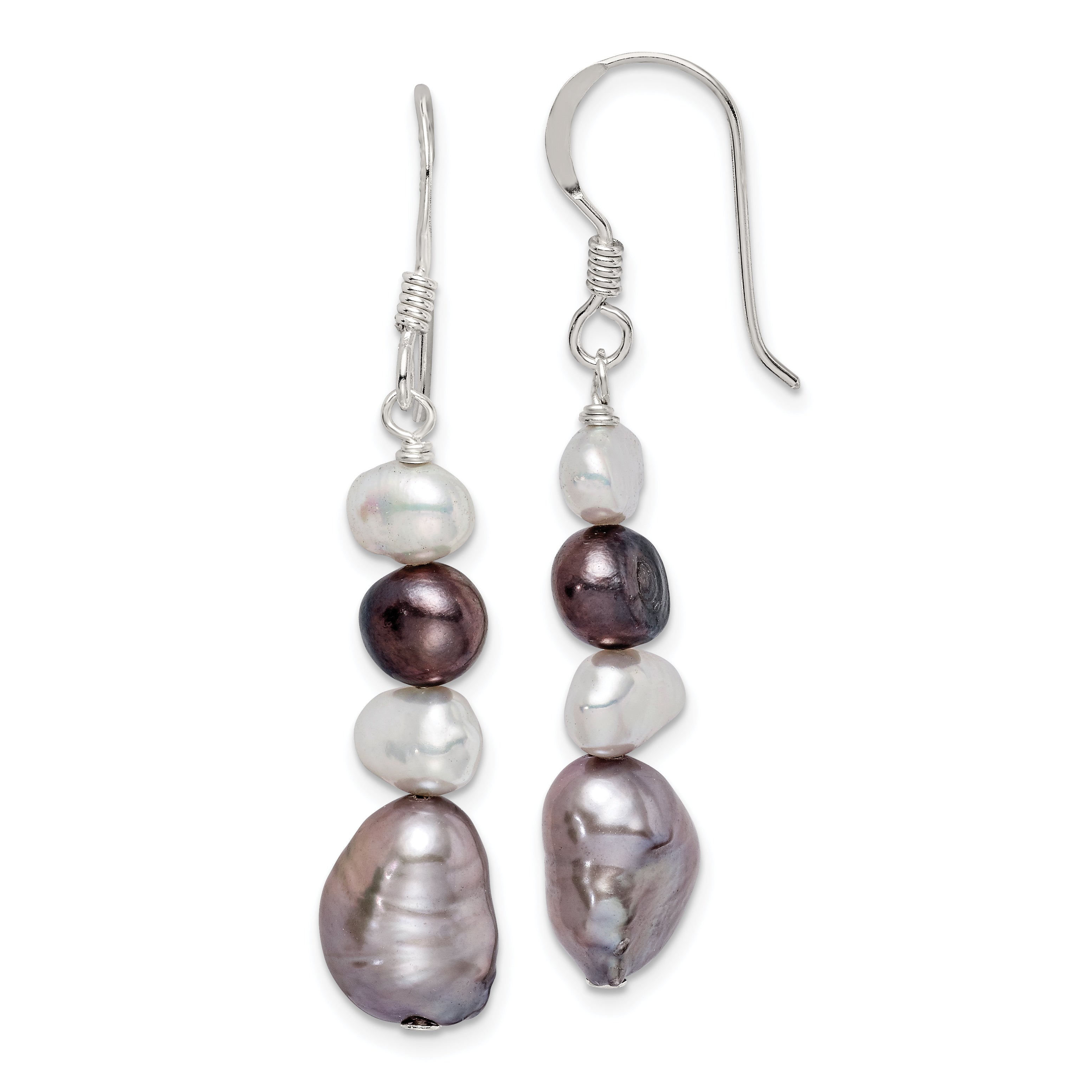 Sterling Silver Polished Black, White and Grey 6-9mm Freshwater Cultured Pearl Dangle Earrings Main image