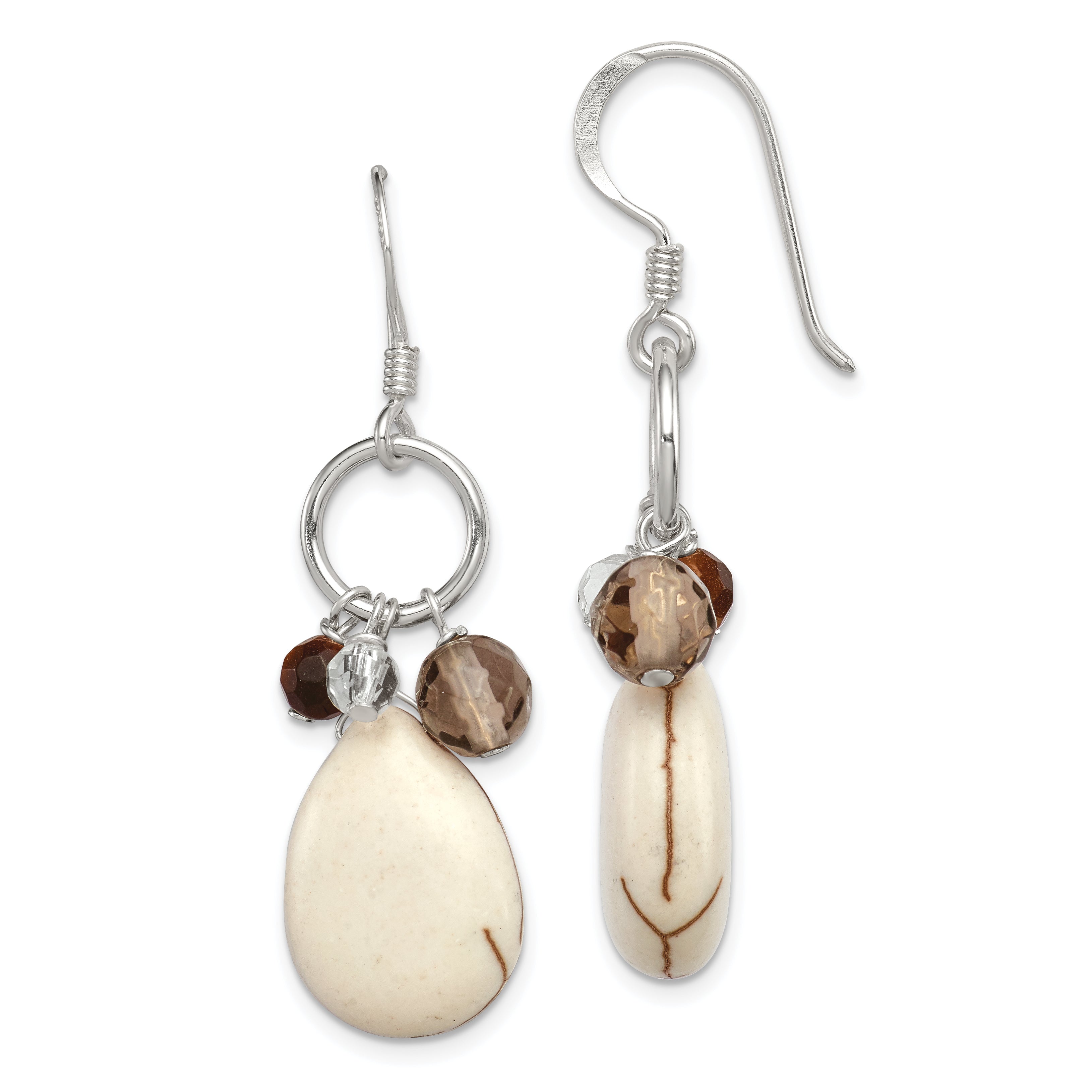 Sterling Silver Polished Crazy Lace Agate, Tiger's Eye, Smoky & Clear Quartz Dangle Earrings