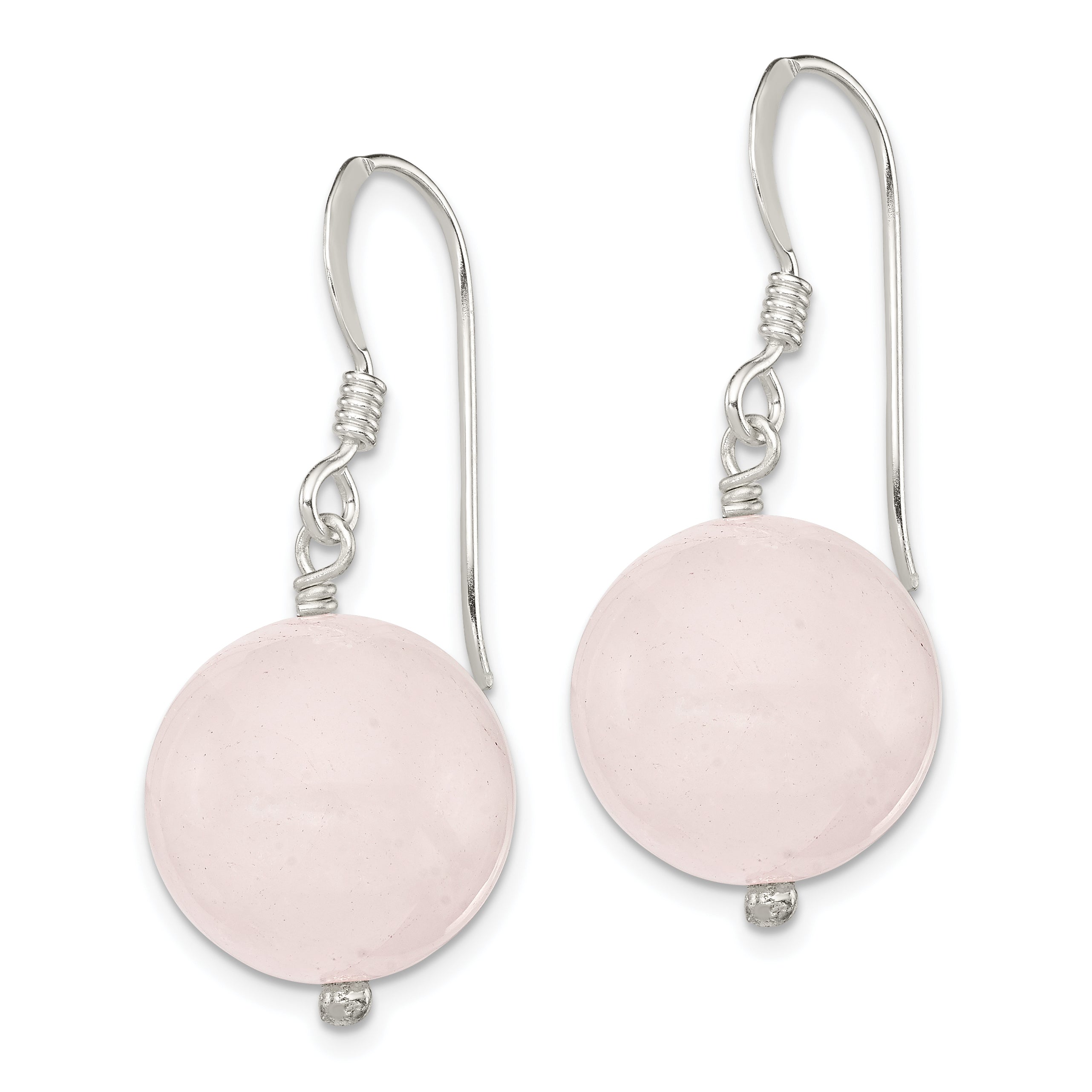 Sterling Silver Polished 12mm Round Rose Quartz Dangle Earrings