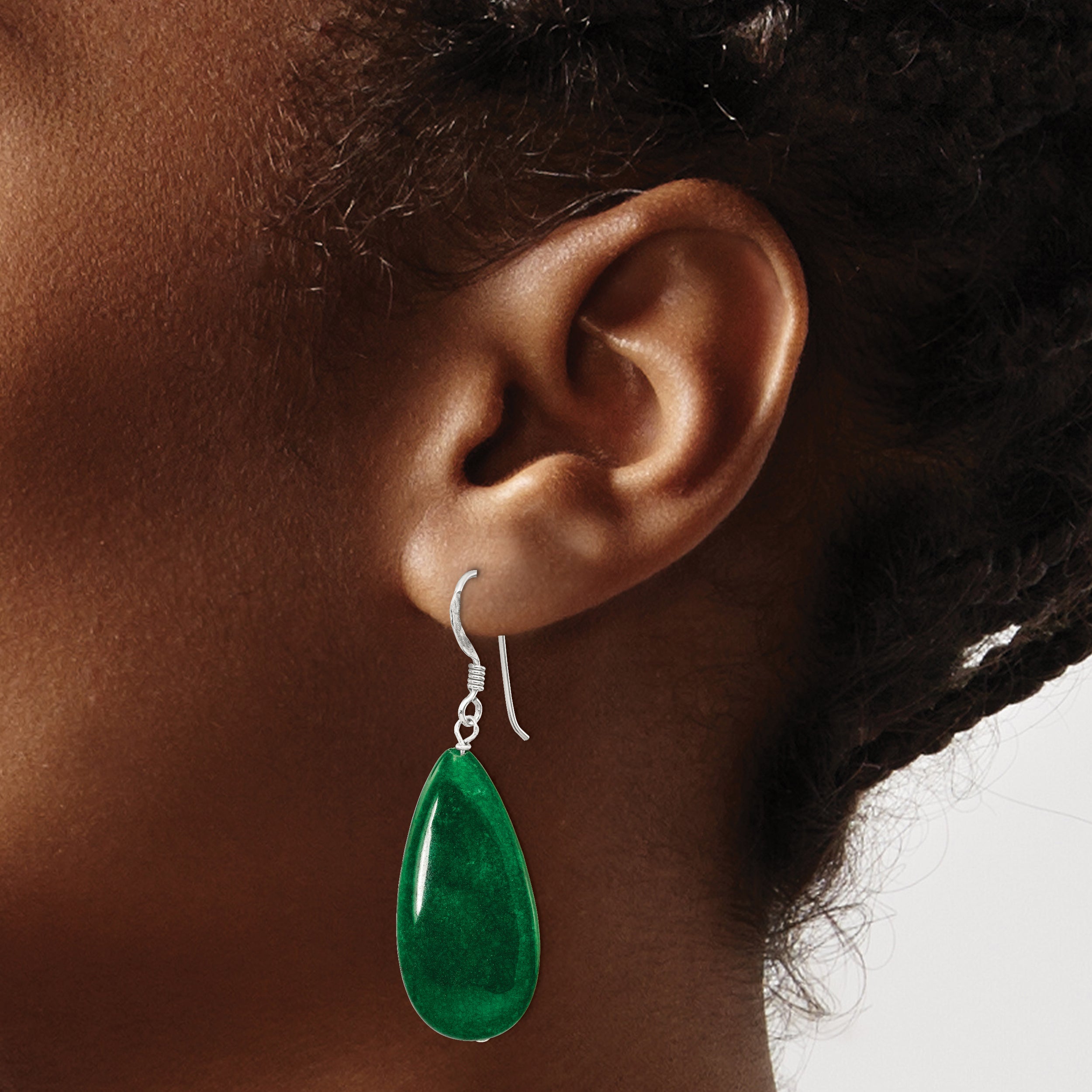 Sterling Silver Polished Green Jade Teardrop Dangle Earrings