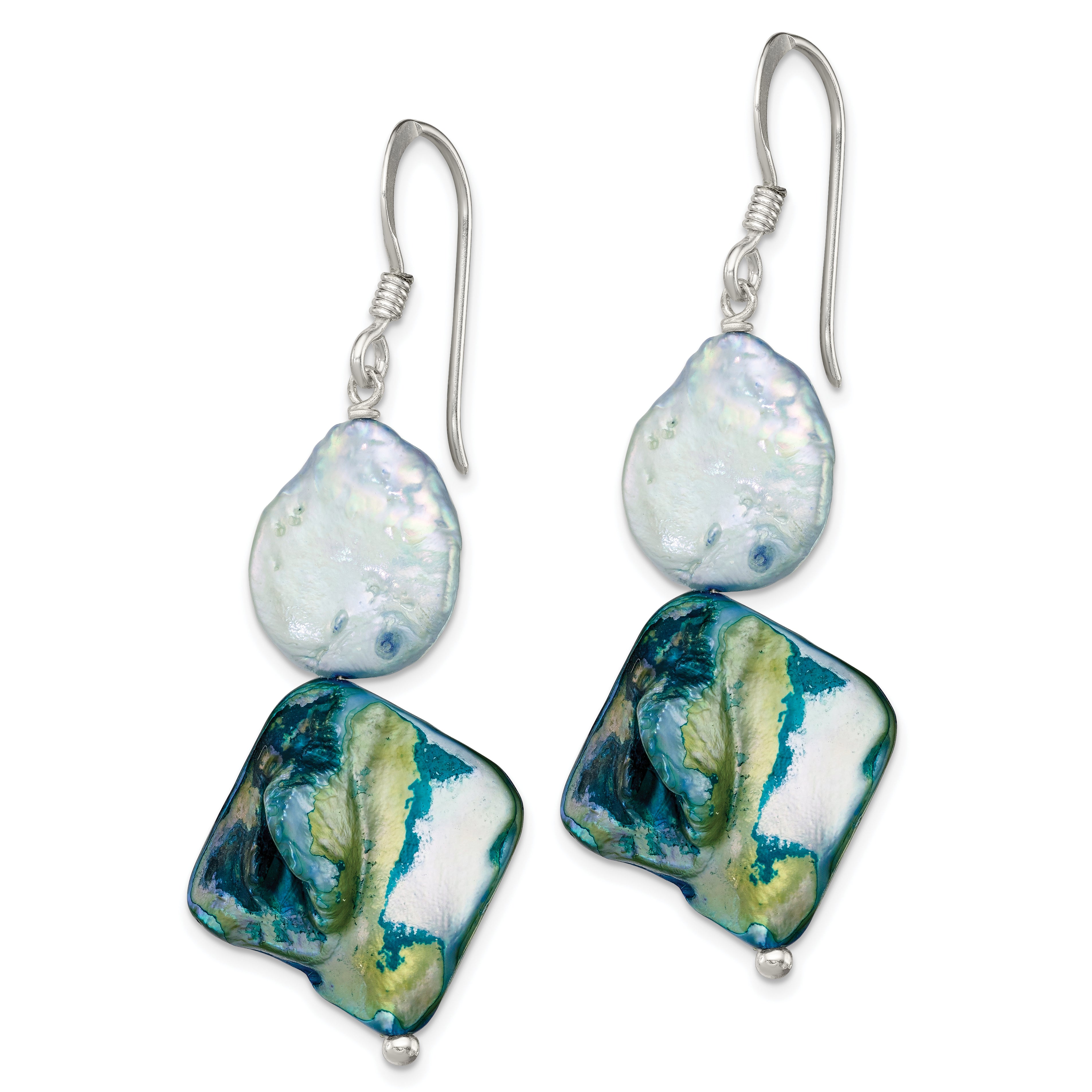 Sterling Silver Polished Blue MOP & White FWC Pearl Dangle Earrings Secondary image