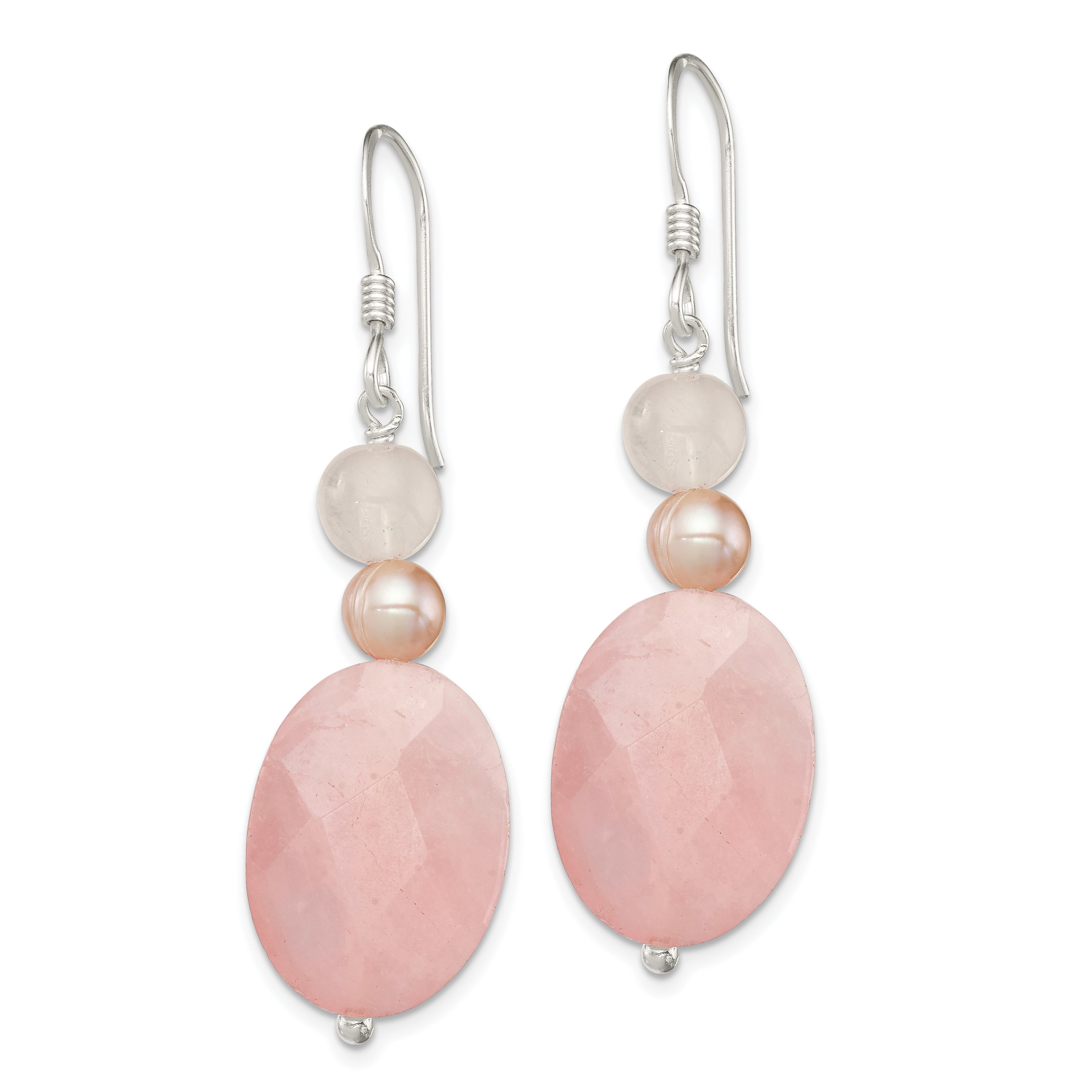 Sterling Silver Polished Rose Quartz & Pink FWC Pearl Dangle Earrings