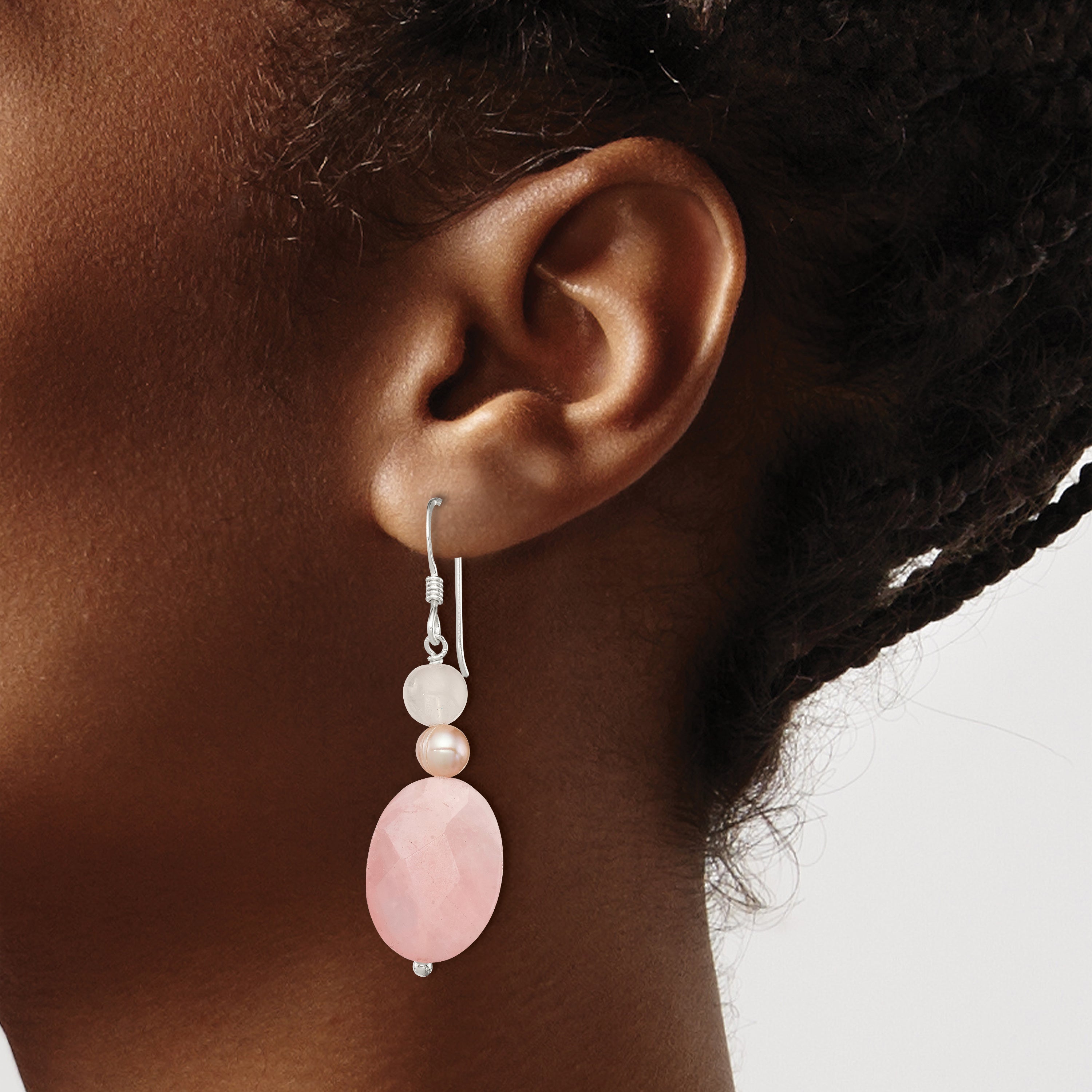 Sterling Silver Polished Rose Quartz & Pink FWC Pearl Dangle Earrings