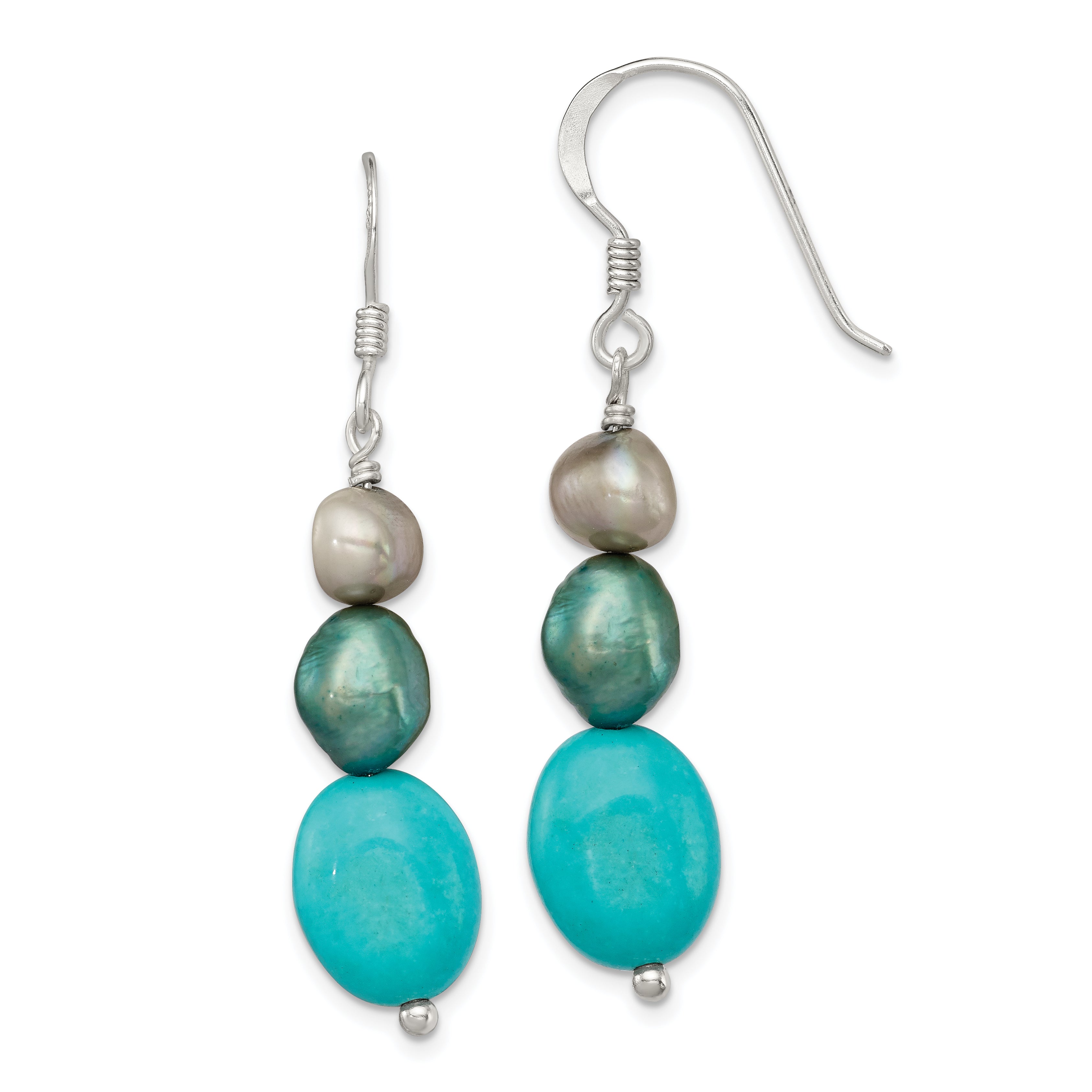 Sterling Silver Turquoise, Grey & Green FW Cultured Pearl Dangle Earrings Main image