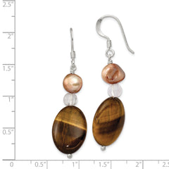Sterling Silver Rock Quartz/ Tiger's Eye/ Brown FWC Pearl Dangle Earrings