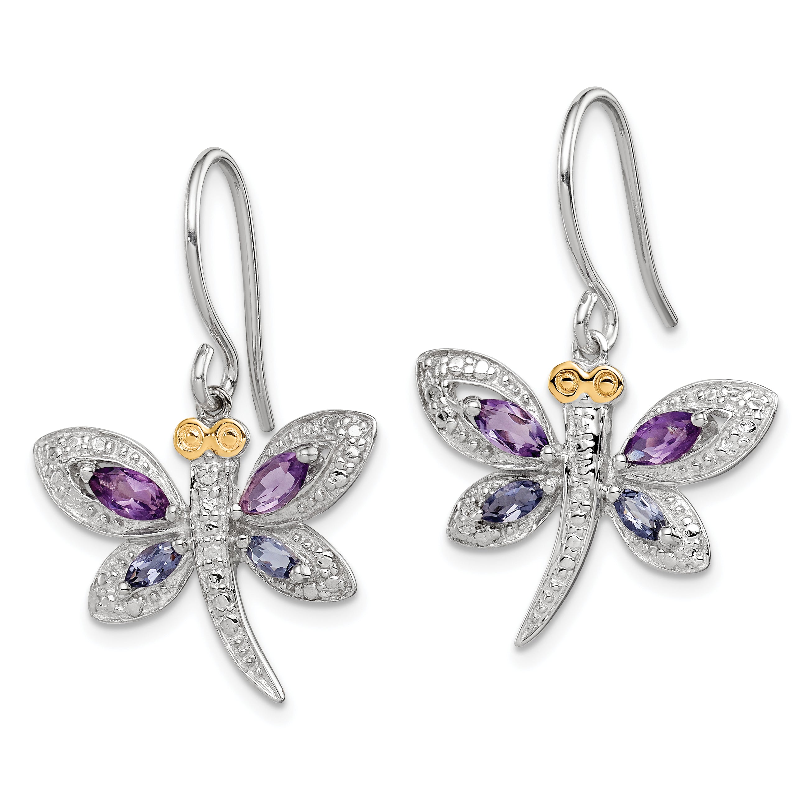 Brilliant Gemstones Sterling Silver with 14K Accent Rhodium-plated Amethyst and Iolite and Diamond Dragonfly Earrings