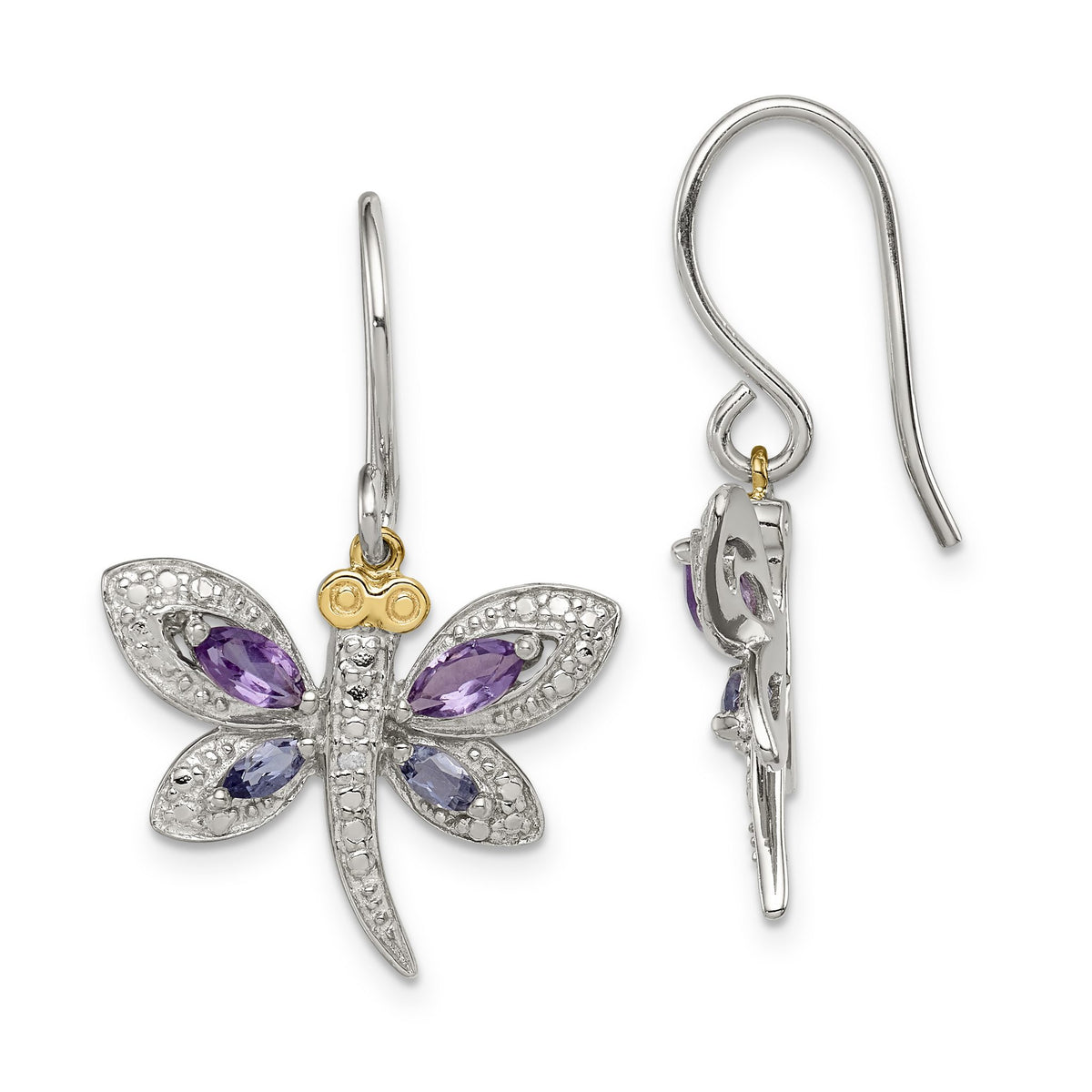 Amethyst Diamond Dragonfly Dangle Earrings in Sterling Silver (0.01 ct. tw.) - Sophia Jewelers Main image