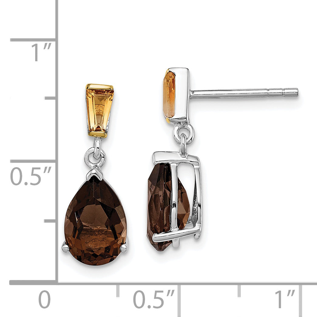 Brilliant Gemstones Sterling Silver with 14K Accent Rhodium-plated Smoky Quartz and Citrine Earrings