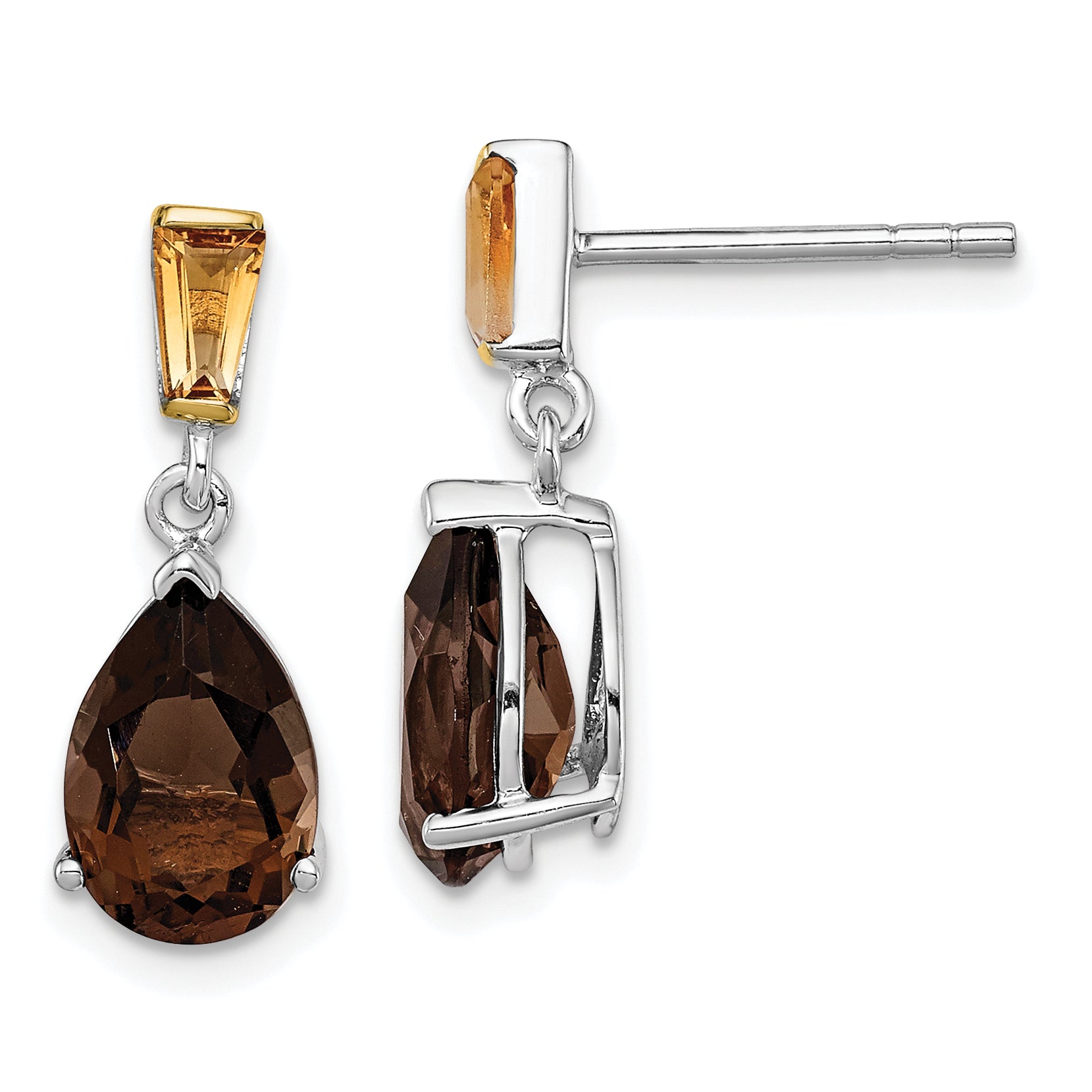 Brilliant Gemstones Sterling Silver with 14K Accent Rhodium-plated Smoky Quartz and Citrine Earrings Main image