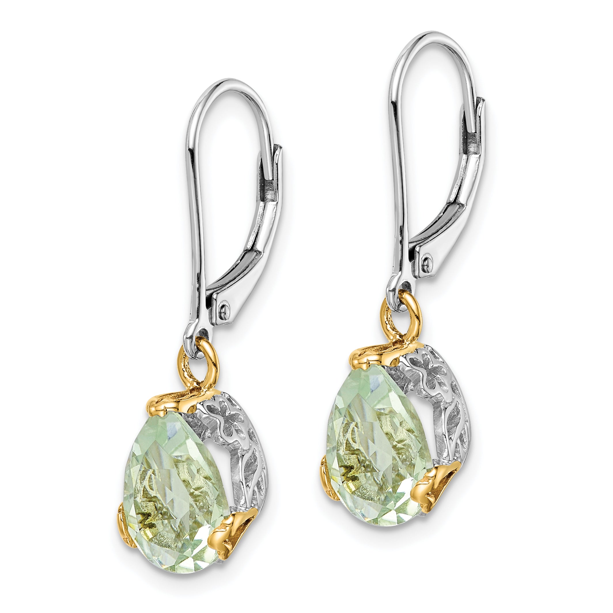 Brilliant Gemstones Sterling Silver with 14K Accent Rhodium-plated Green Quartz Leverback Earrings Secondary image