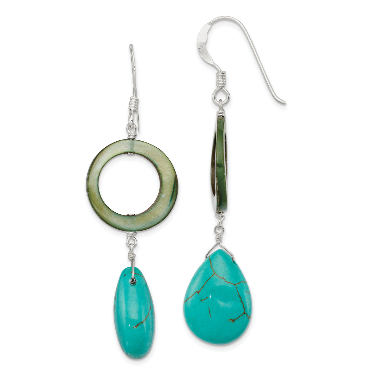 Sterling Silver Dyed Blue Howlite & Green Mother of Pearl Dangle Earrings
