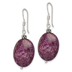 Sterling Silver Polished & Beaded Purple Charoite Oval Dangle Earrings