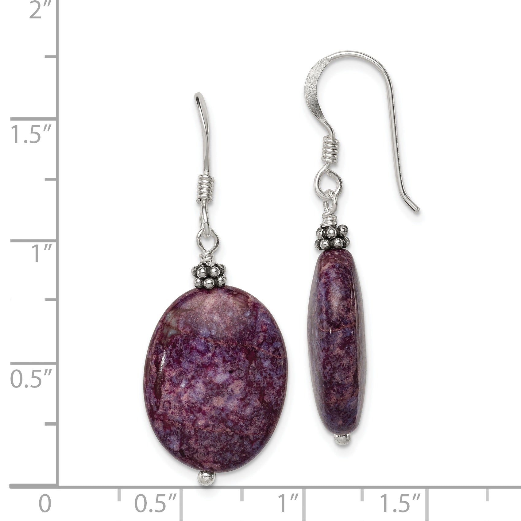 Sterling Silver Polished & Beaded Purple Charoite Oval Dangle Earrings